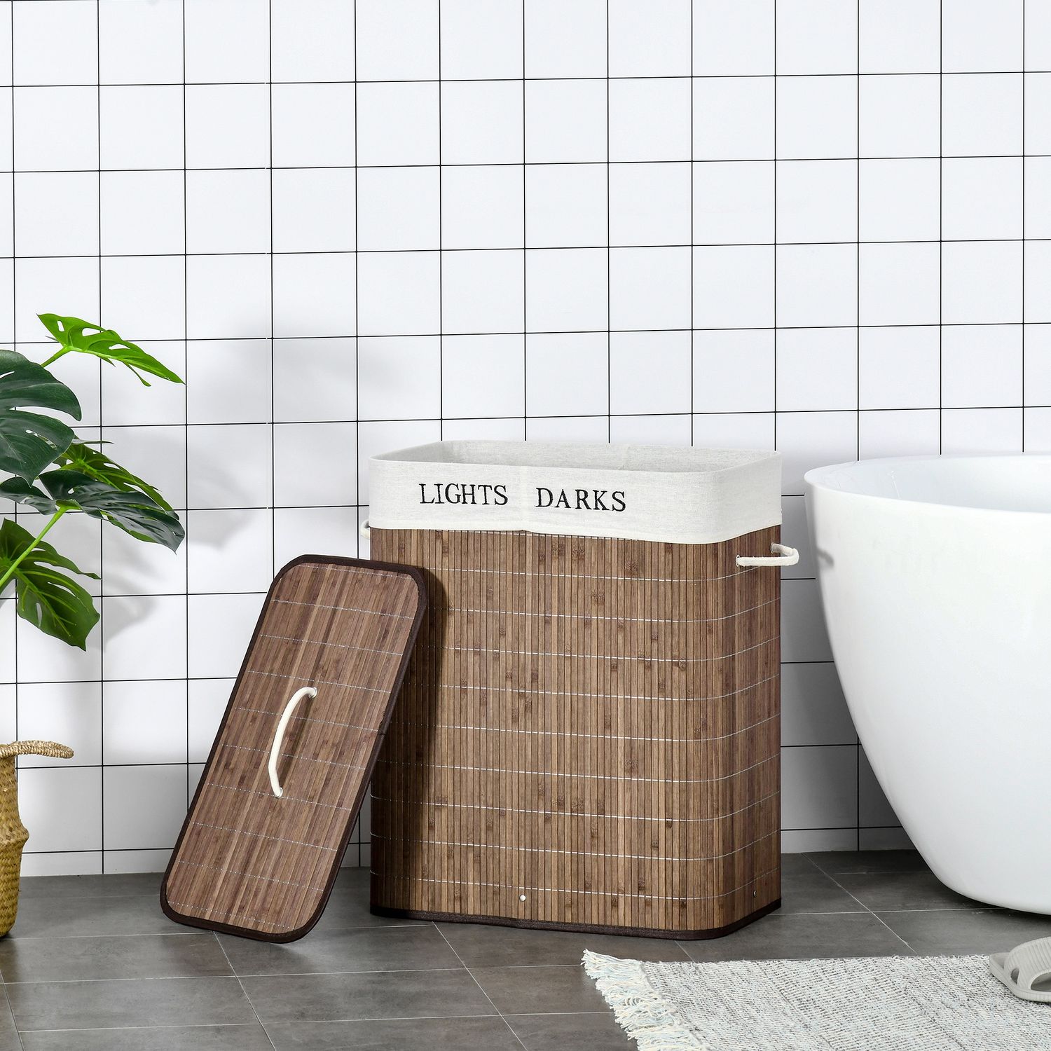 100L tvättkorg – bambu, bomull, 3 handtag, tvättbar