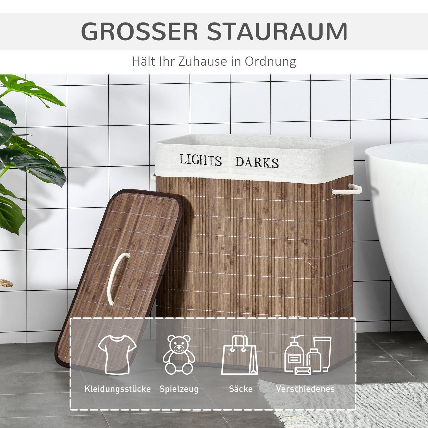 100L tvättkorg – bambu, bomull, 3 handtag, tvättbar