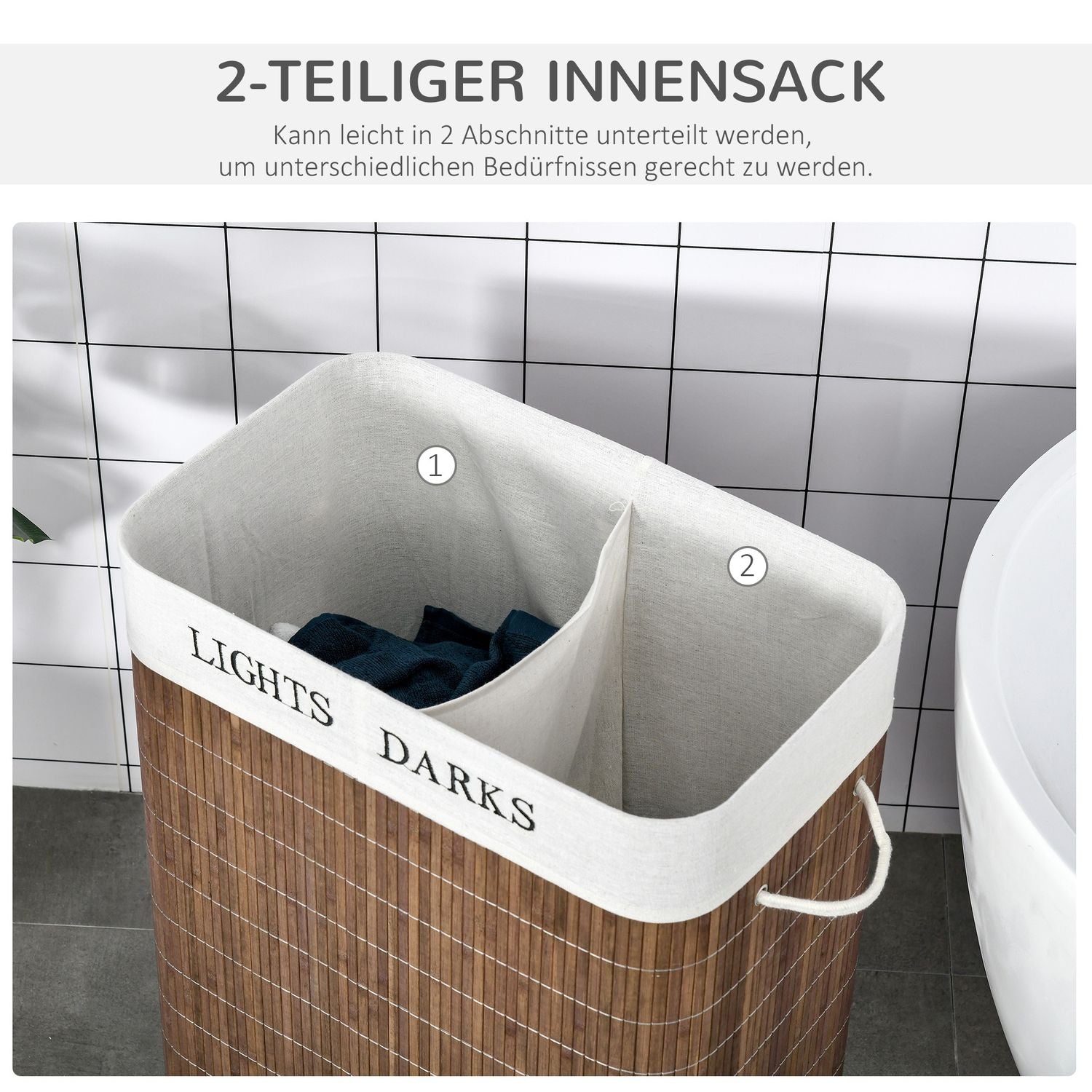 100L tvättkorg – bambu, bomull, 3 handtag, tvättbar