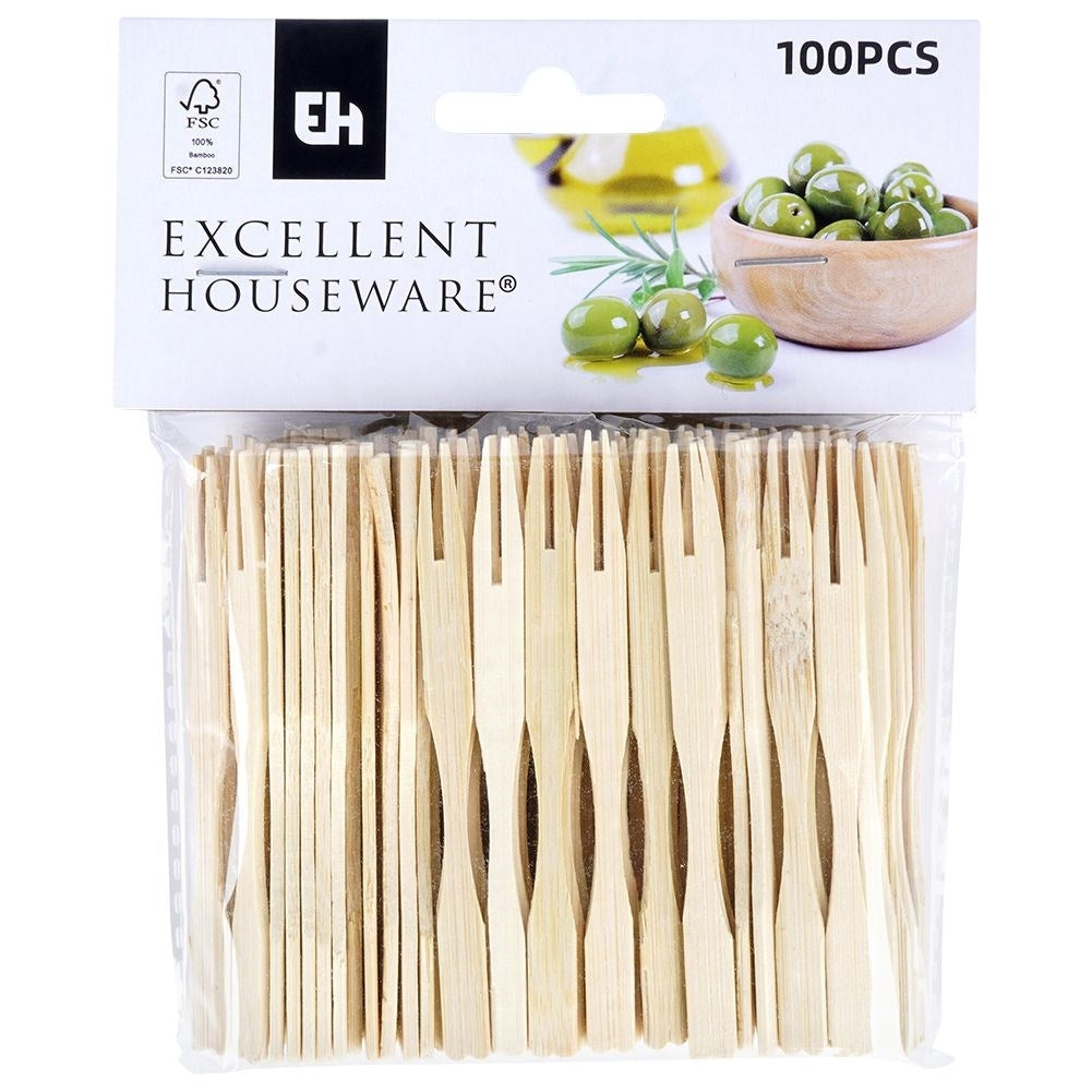 100 Trägafflar av Bambu för Snacks & Förrätter - Engångsartiklar