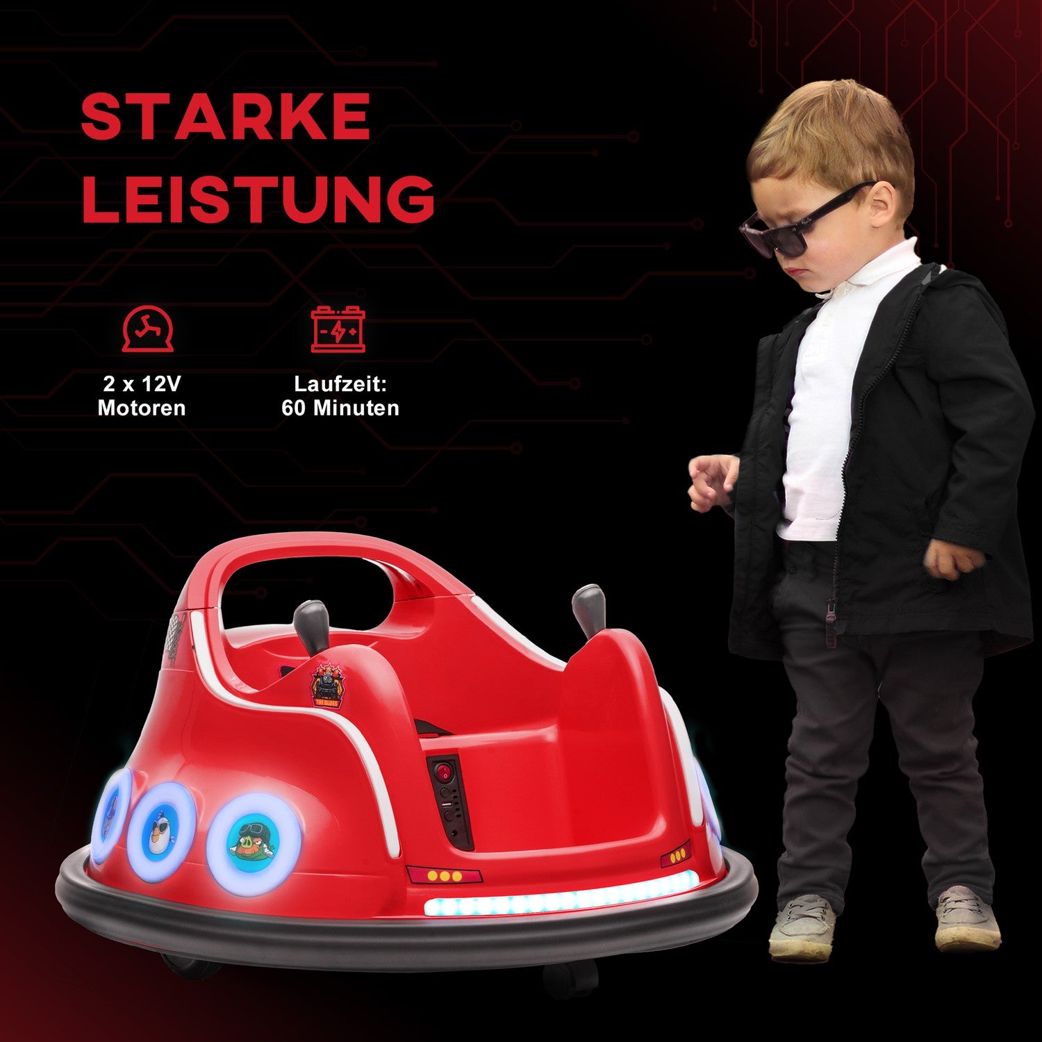 12V barnbil med fjärrkontroll, lampor och 360° spinn