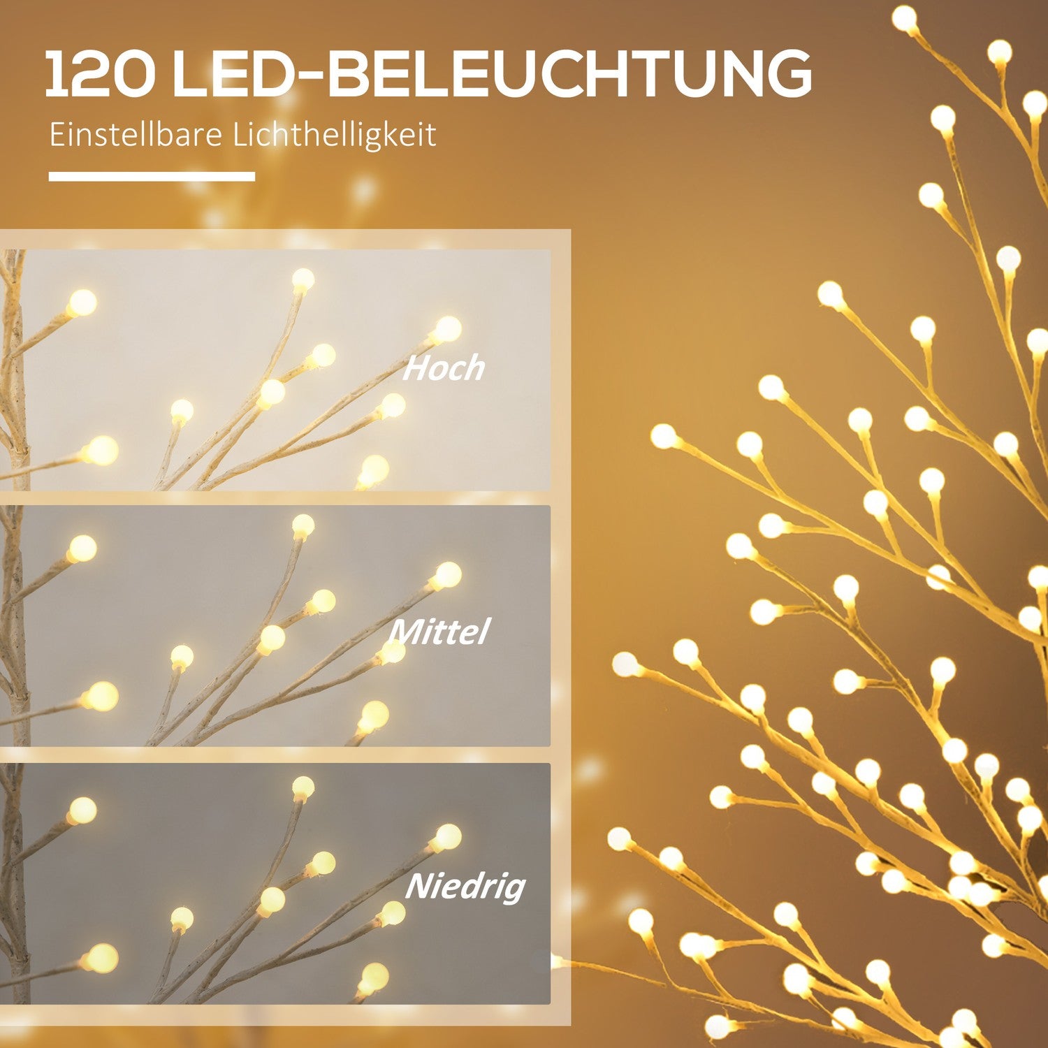150 cm Björk LED-träd, 120 varma vita lampor, 3-ljusstyrkor