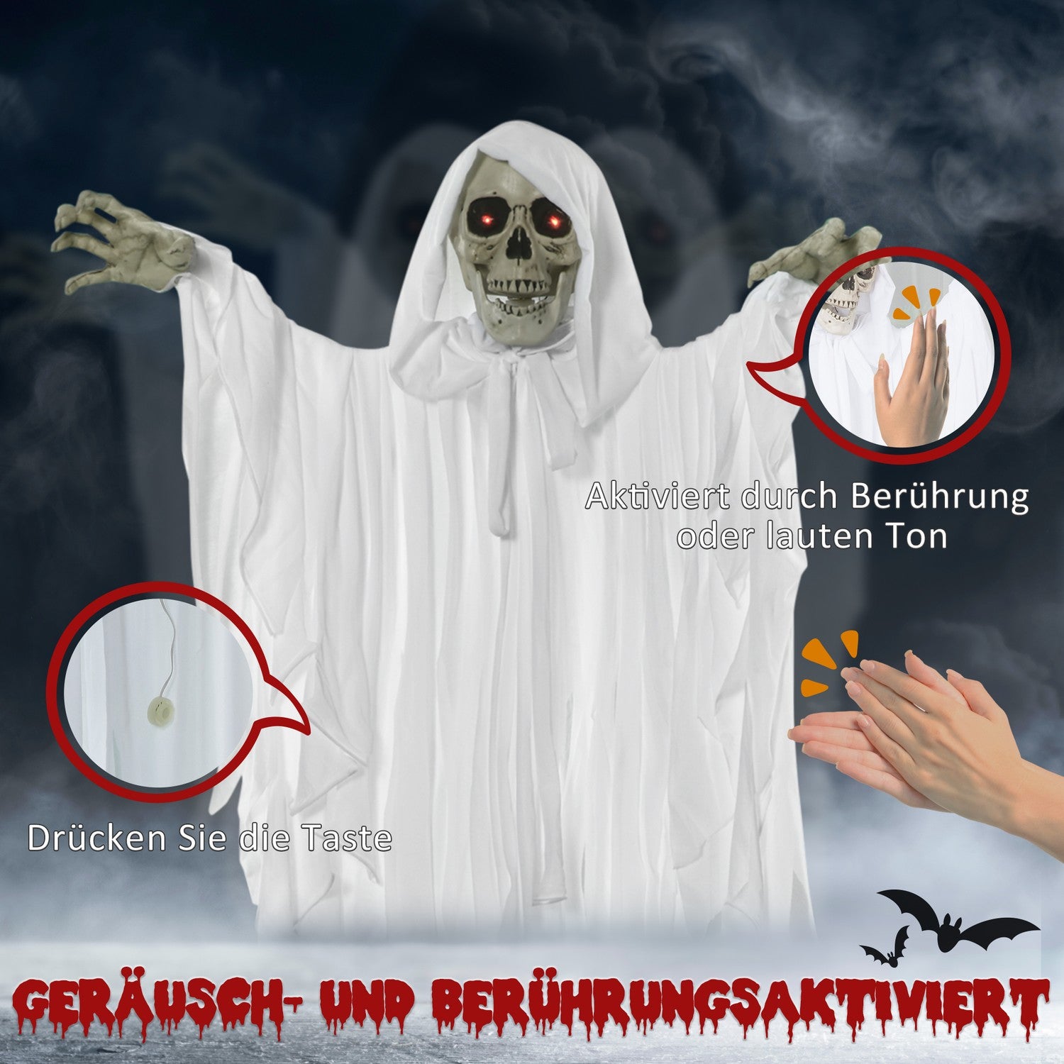 Hängande Glow-In-The-Dark Skelett Med Ljud, 153 cm