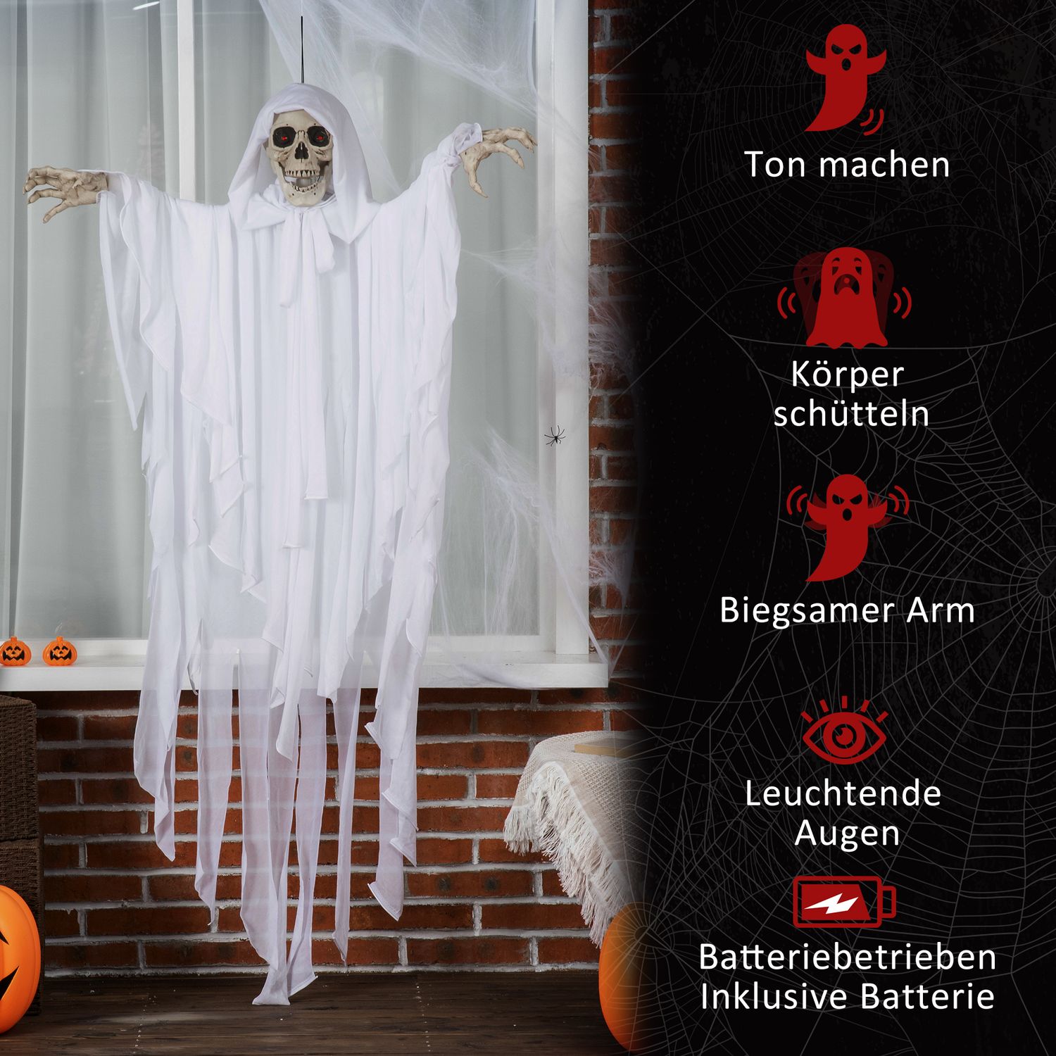 Hängande Glow-In-The-Dark Skelett Med Ljud, 153 cm