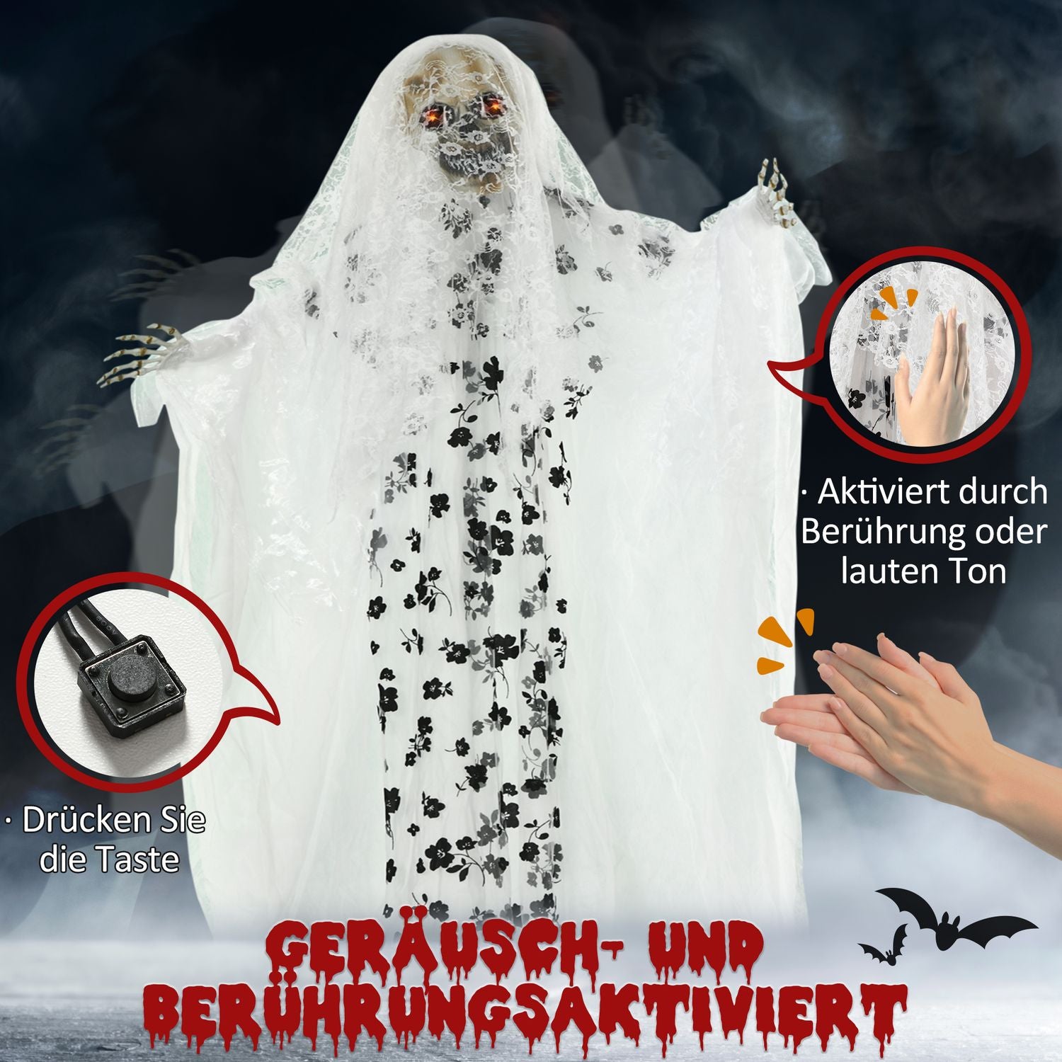 Halloween hängande spökbrudskelett, 175 cm, glödande ögon