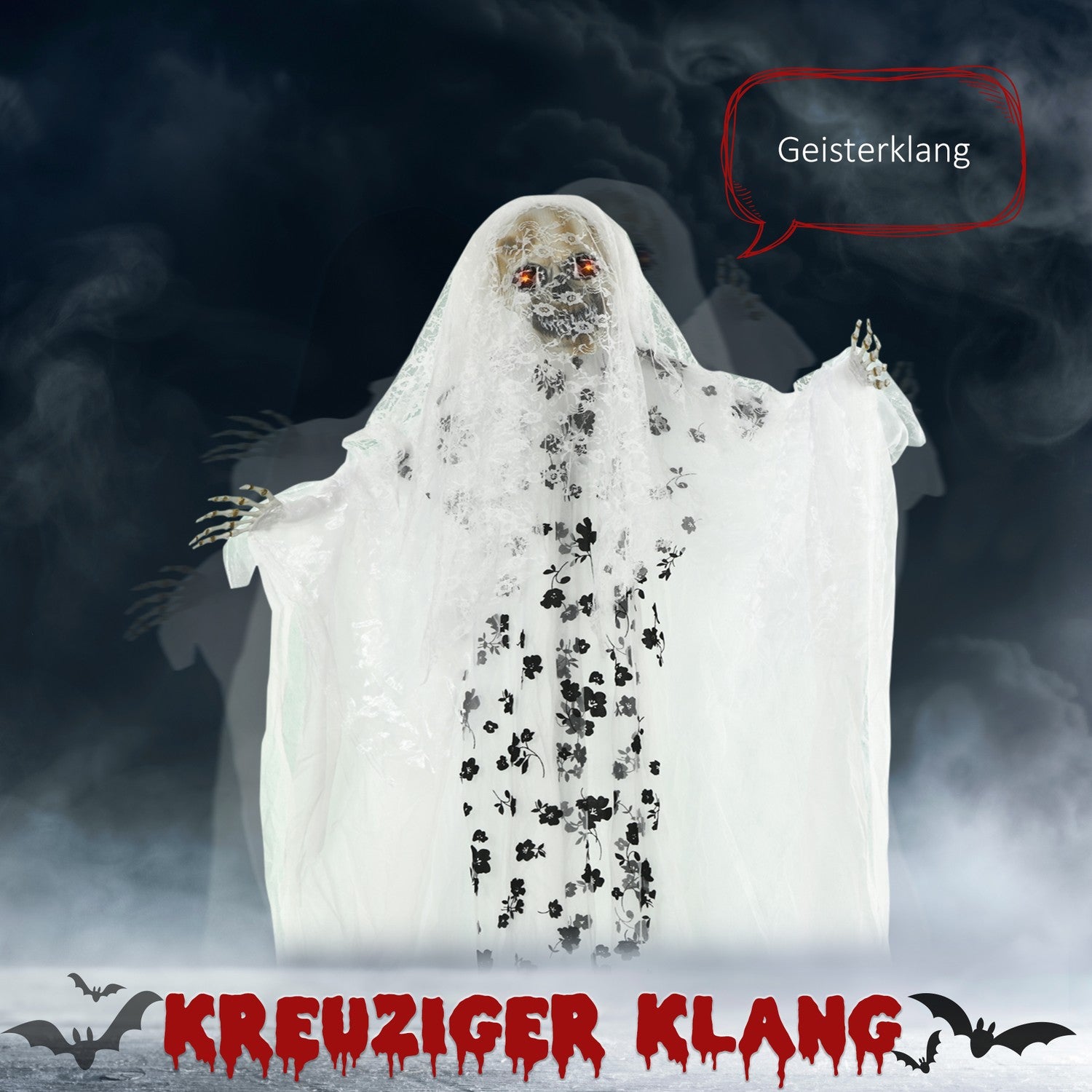 Halloween hängande spökbrudskelett, 175 cm, glödande ögon