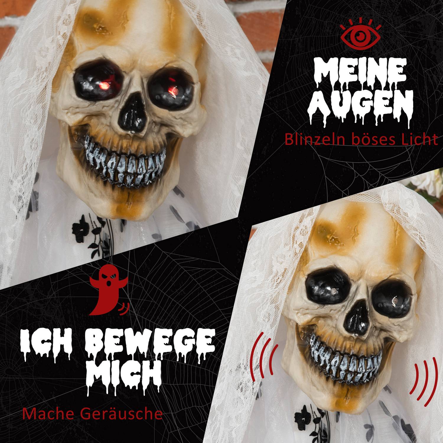 Halloween hängande spökbrudskelett, 175 cm, glödande ögon