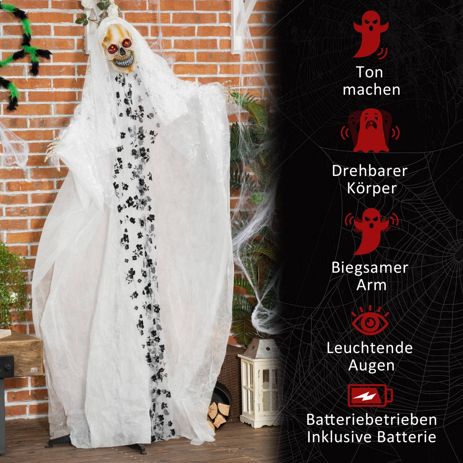 Halloween hängande spökbrudskelett, 175 cm, glödande ögon