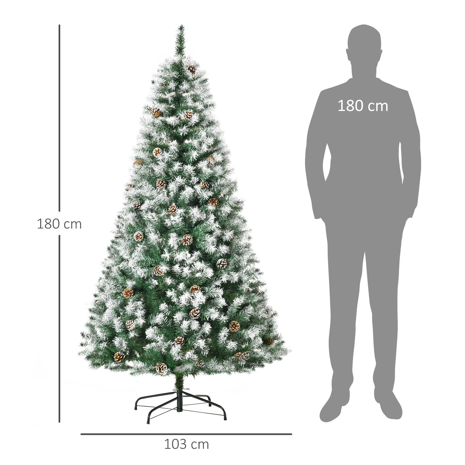 180 cm konstgjord julgran, snöig, 800 tips, hopfällbar bas