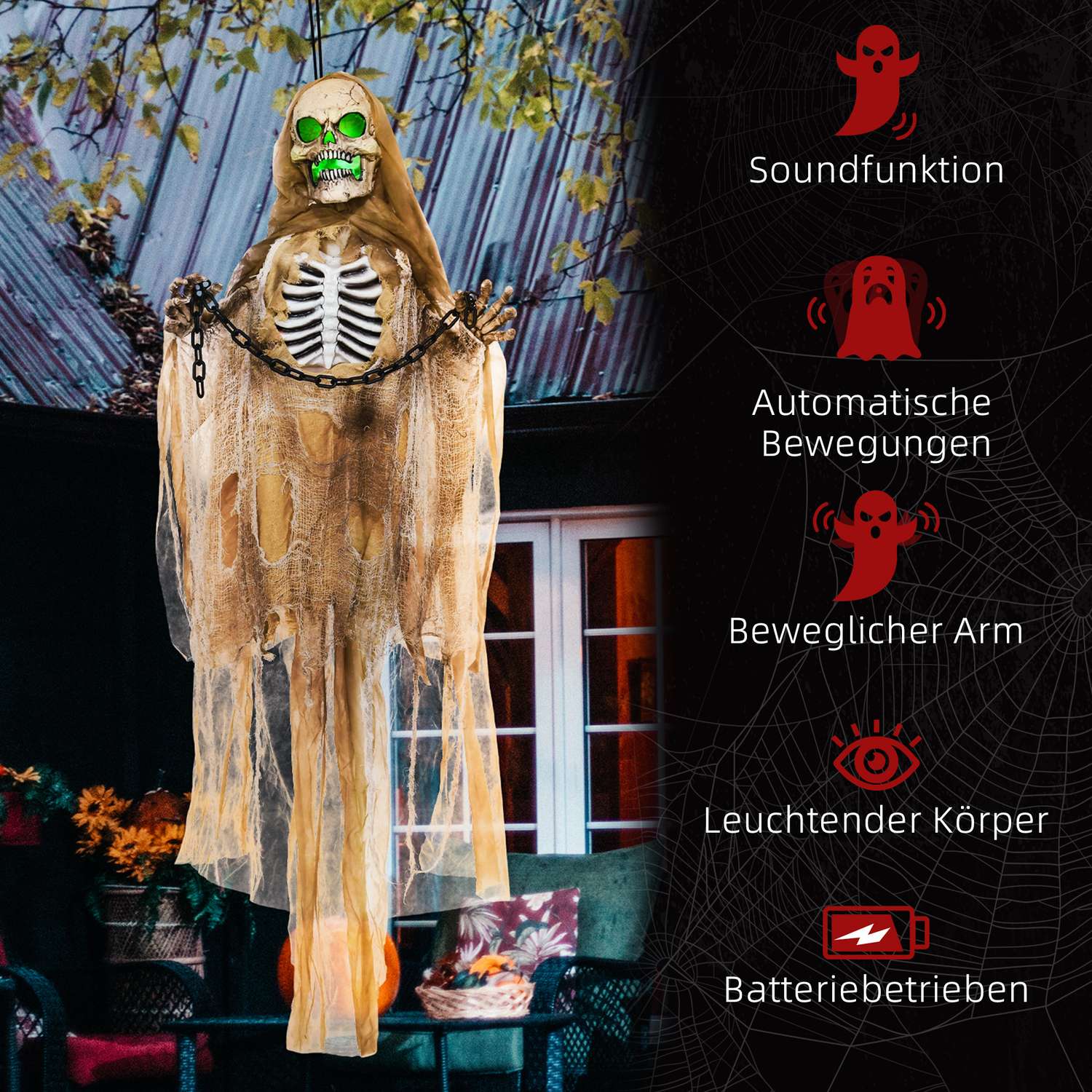 Naturlig storlek 183 cm Halloween Skelett med LED & Ljud