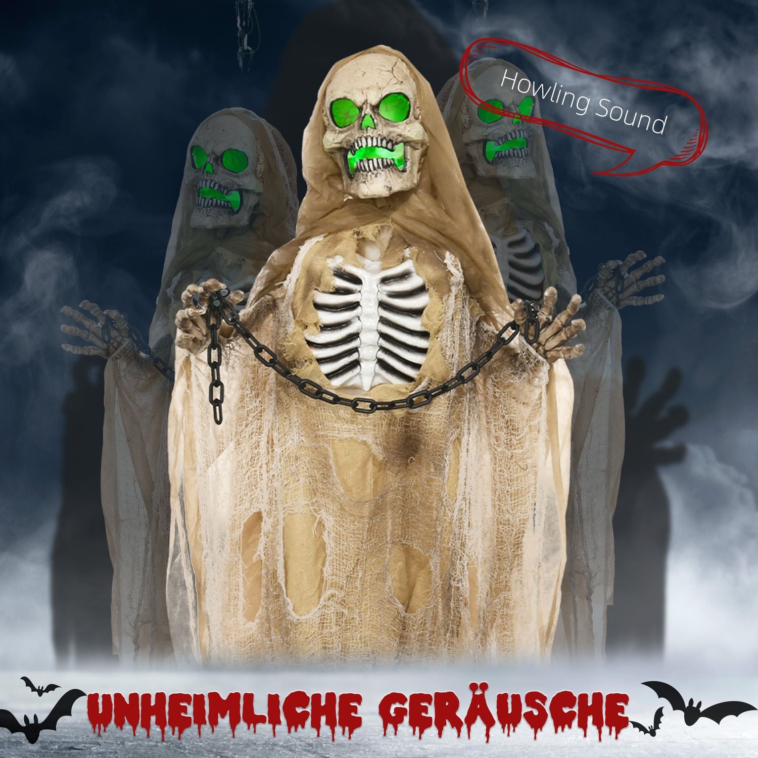 Naturlig storlek 183 cm Halloween Skelett med LED & Ljud