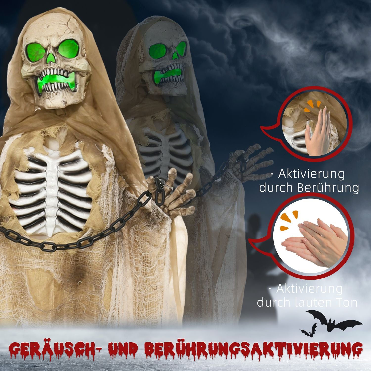 Naturlig storlek 183 cm Halloween Skelett med LED & Ljud