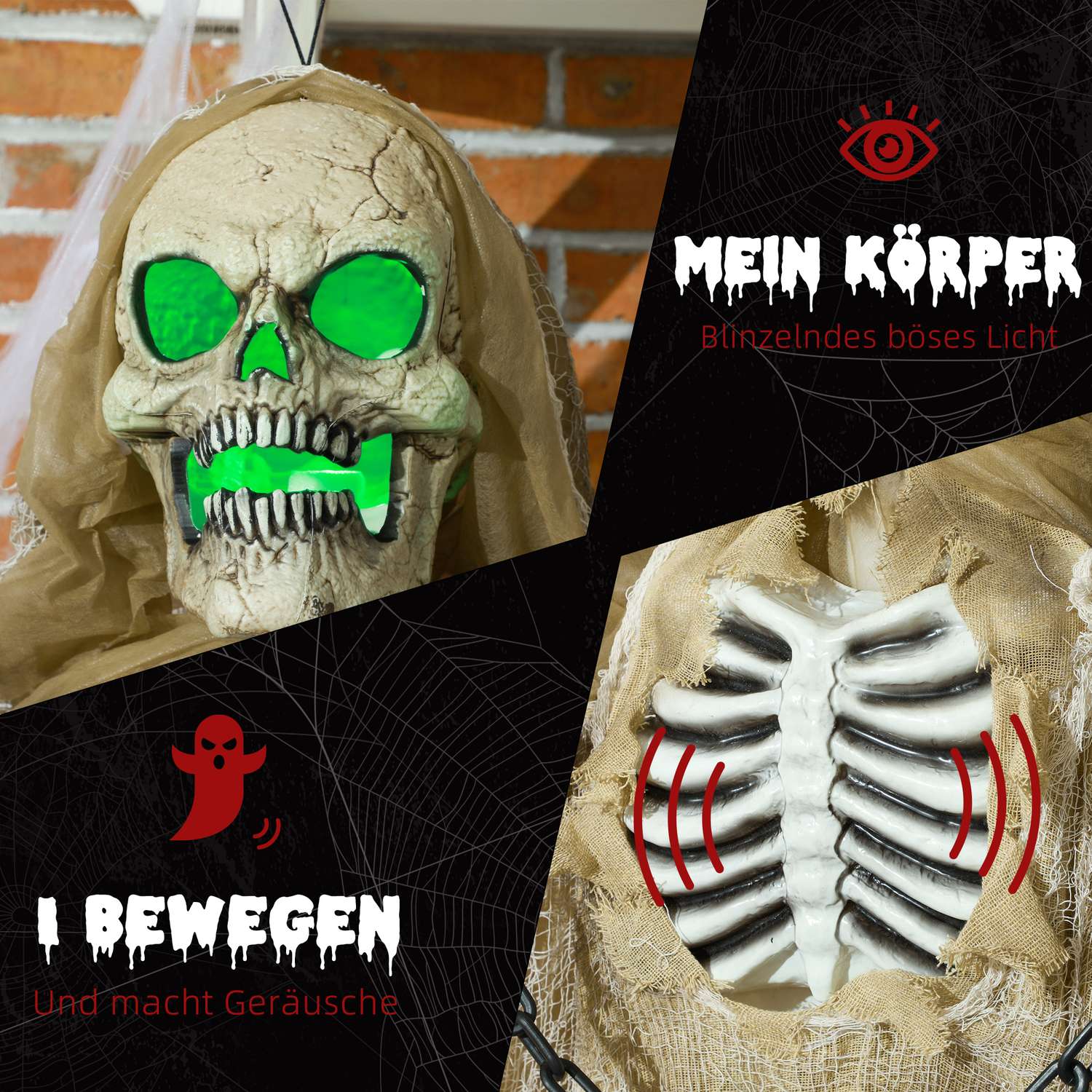 Naturlig storlek 183 cm Halloween Skelett med LED & Ljud