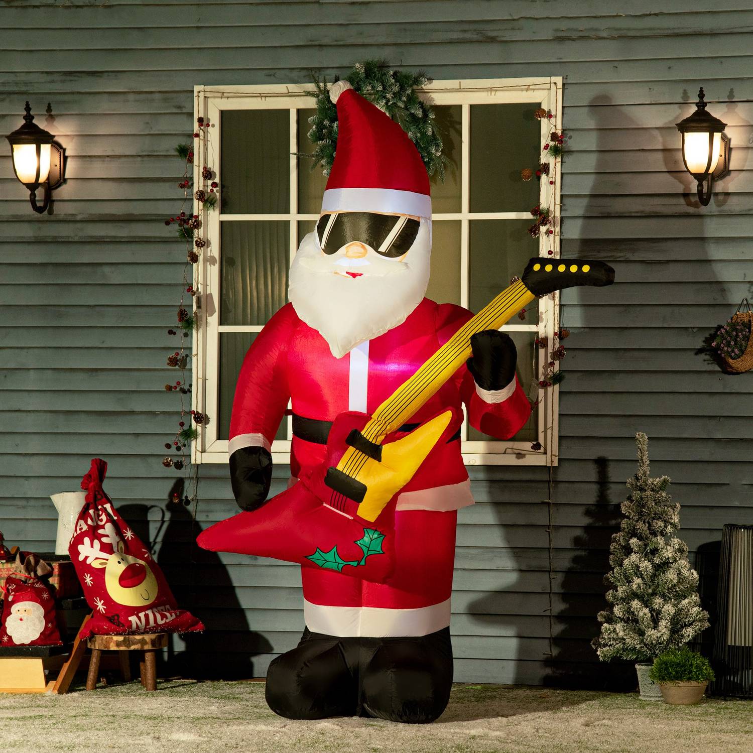 Uppblåsbar tomte med gitarr & LED-ljus, 215 cm vattentät