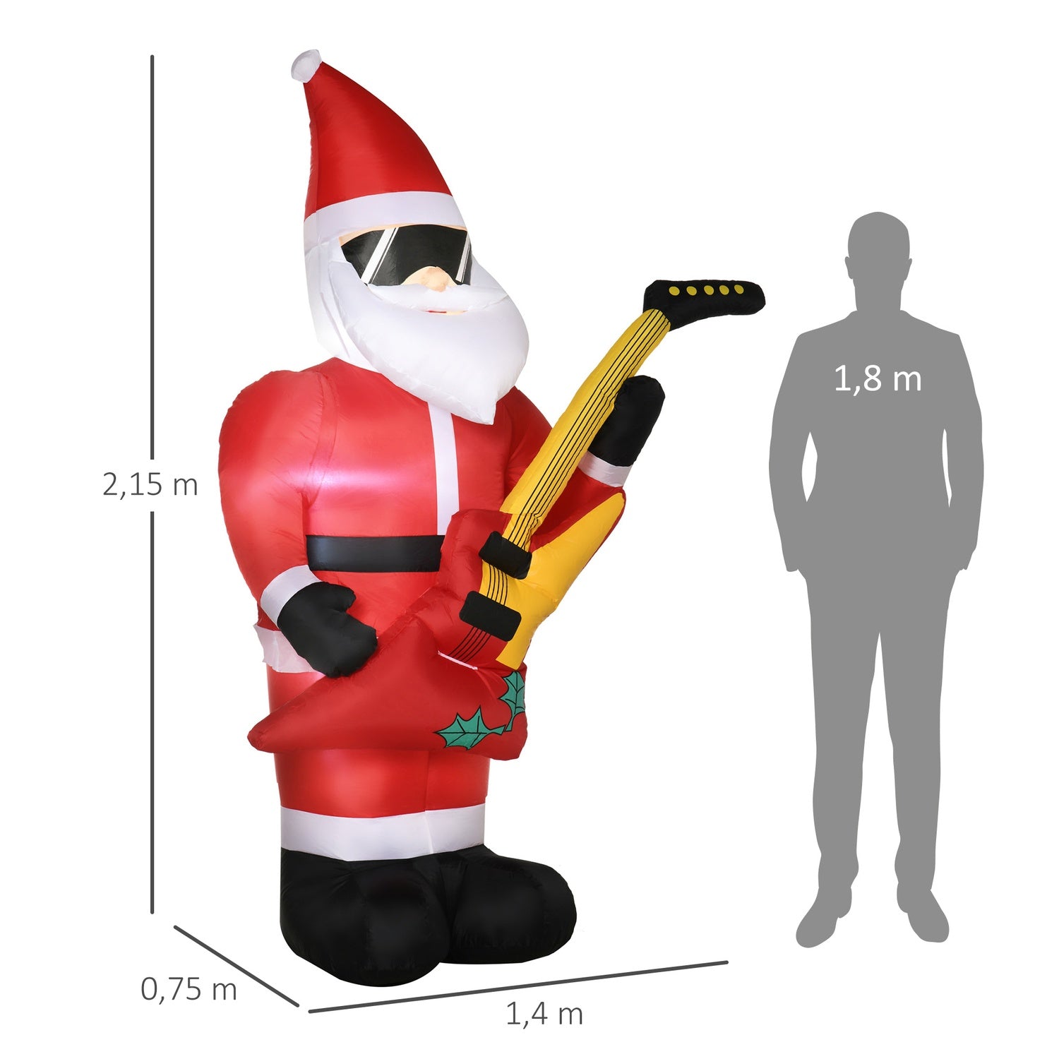 Uppblåsbar tomte med gitarr & LED-ljus, 215 cm vattentät