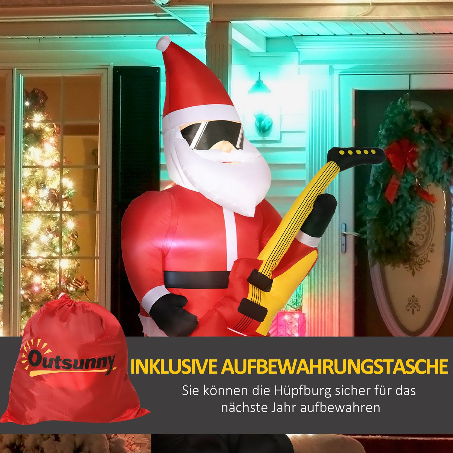 Uppblåsbar tomte med gitarr & LED-ljus, 215 cm vattentät