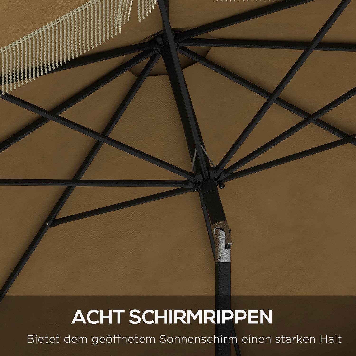 265 cm lutande uteplats paraply, kaki, fransar & 8 revben