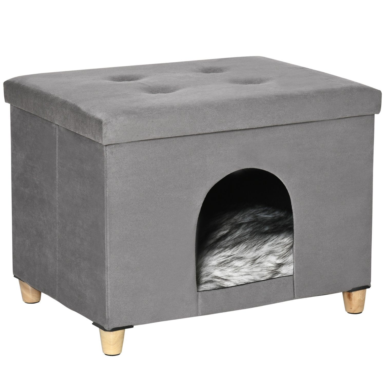 2-i-1 Cat Cave Fotpall med kudde, träben, grå