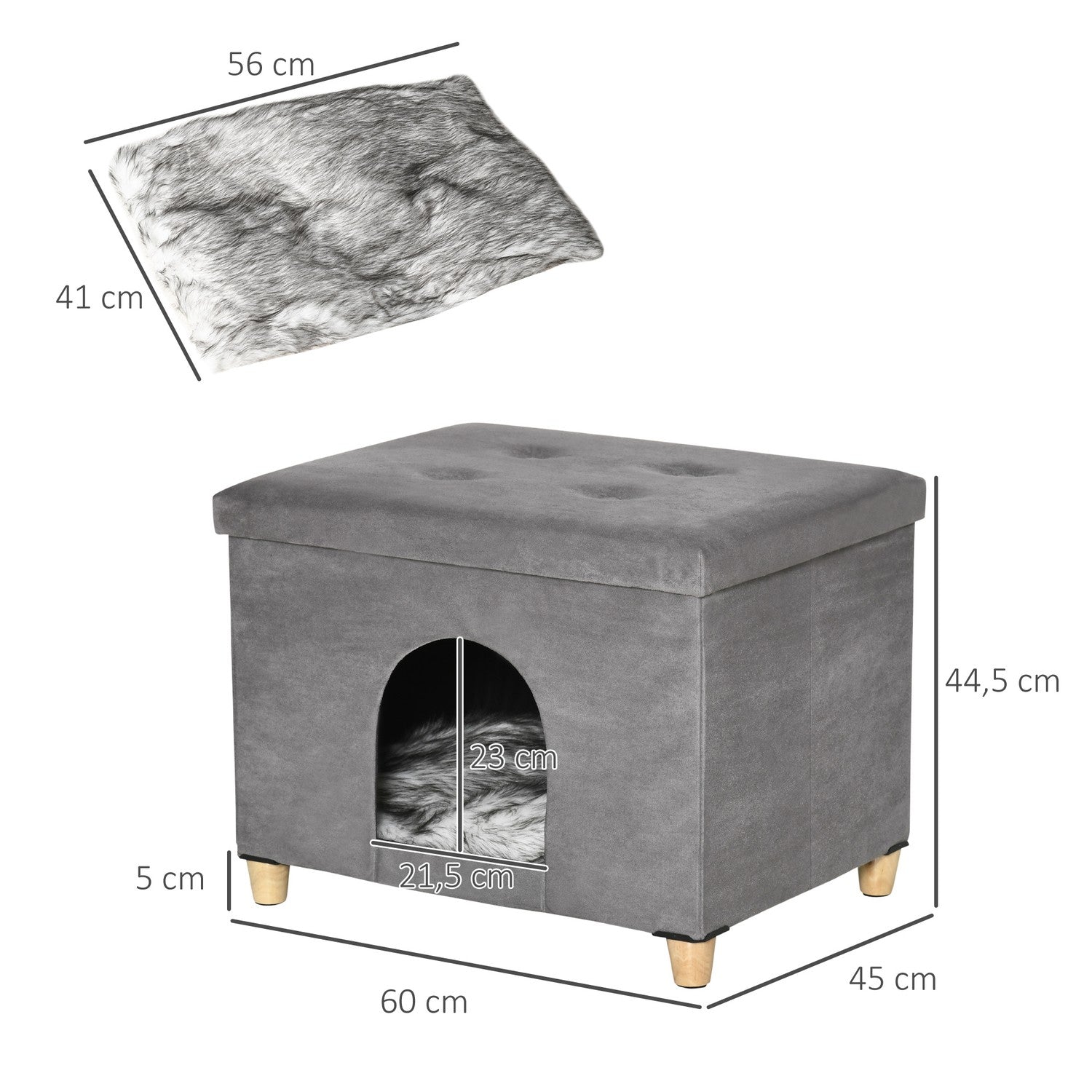 2-i-1 Cat Cave Fotpall med kudde, träben, grå