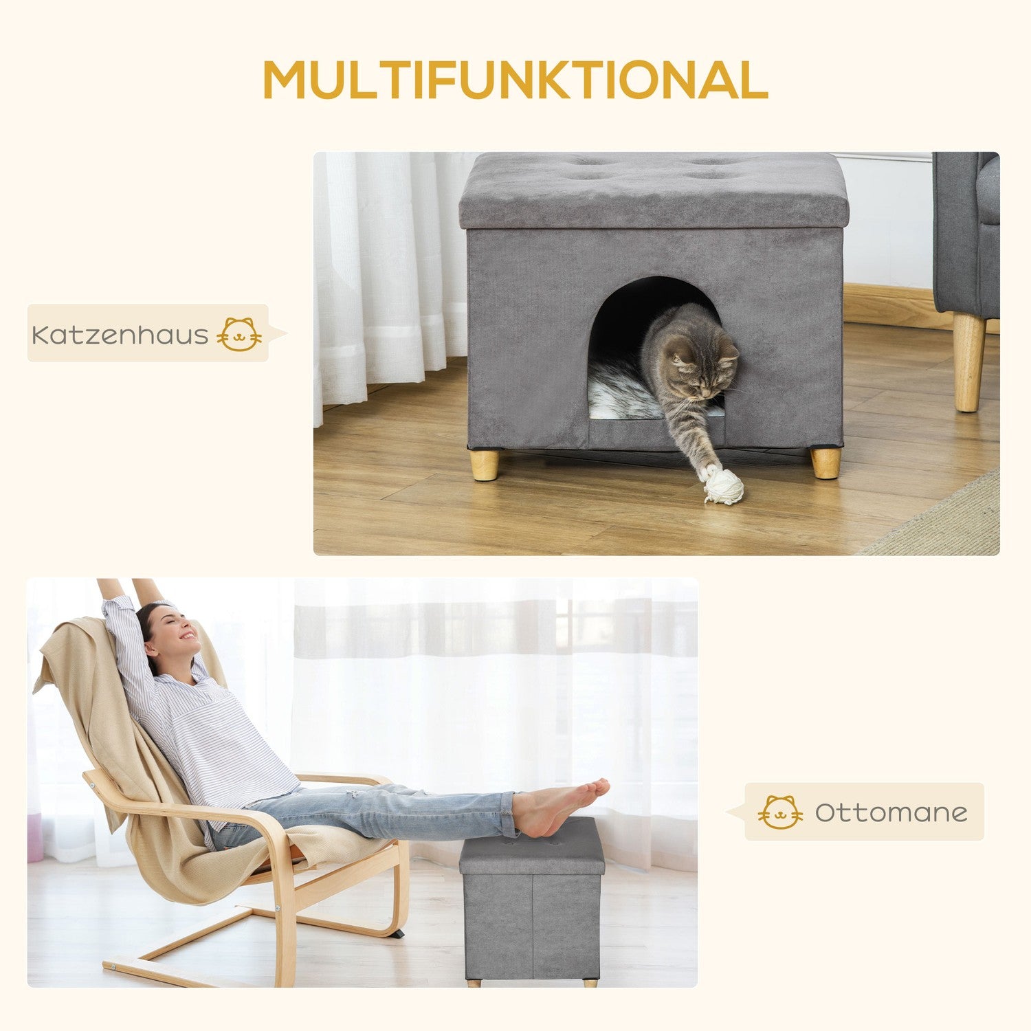 2-i-1 Cat Cave Fotpall med kudde, träben, grå