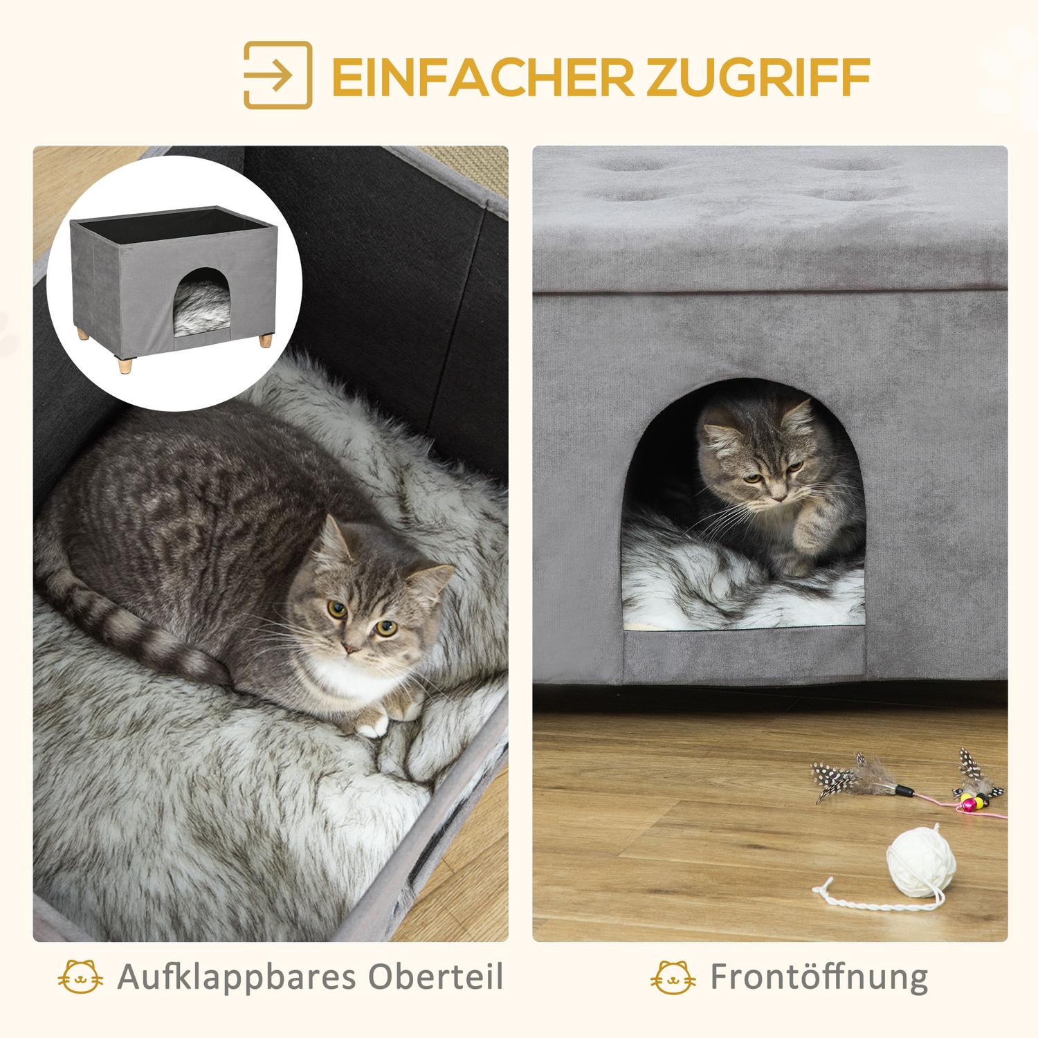 2-i-1 Cat Cave Fotpall med kudde, träben, grå