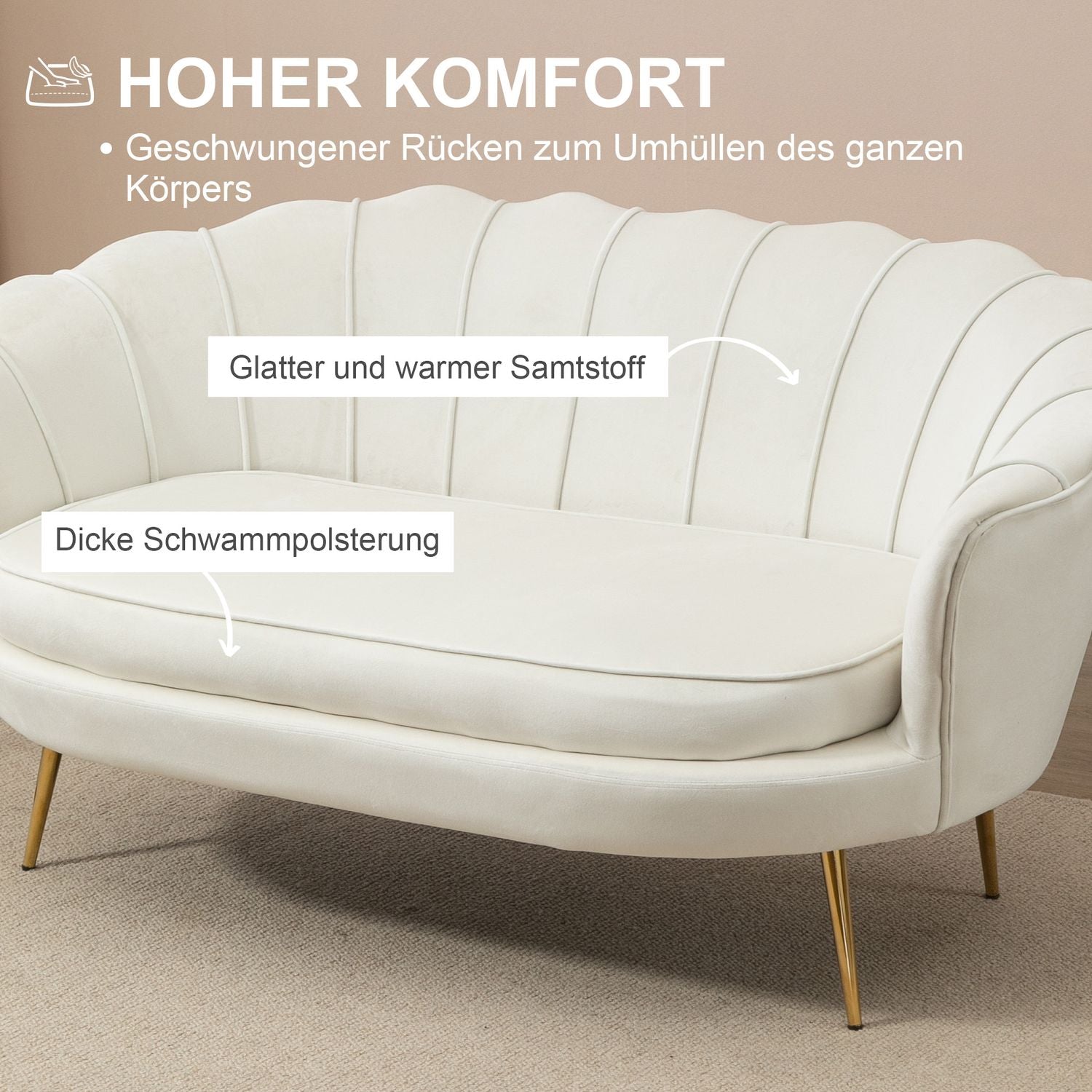 Velvet Loveseat-soffa, Klädd, 2-sits, Cream