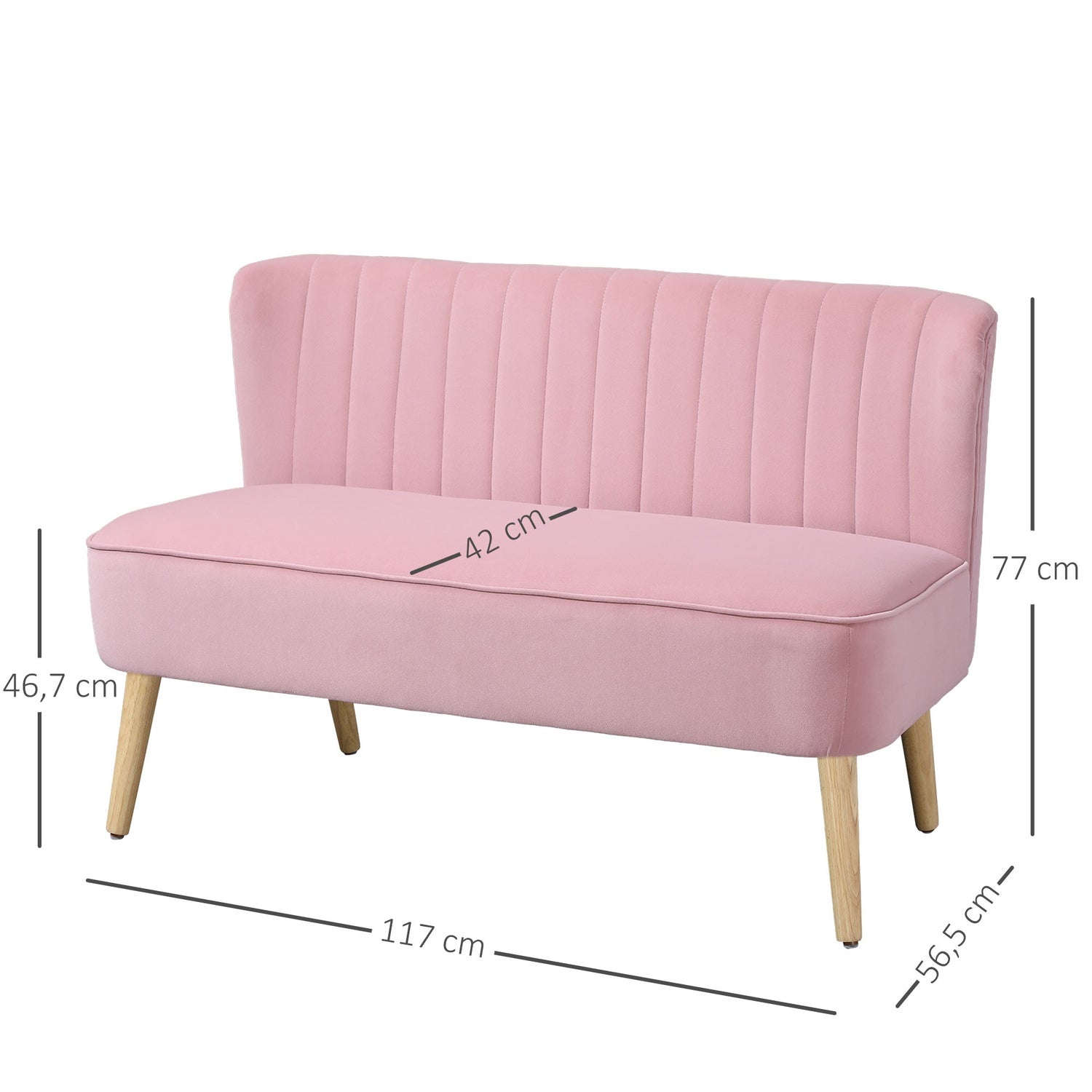 2-sits rosa stoppad soffa – sammetsliknande tyg, 117x56,5x77 cm