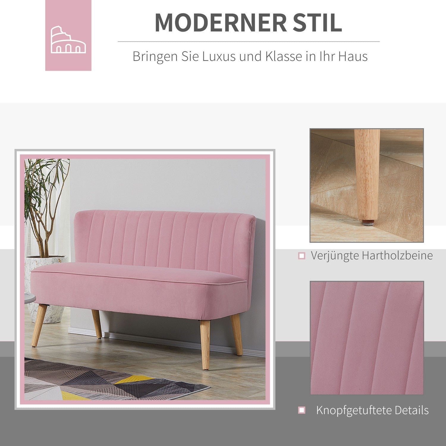 2-sits rosa stoppad soffa – sammetsliknande tyg, 117x56,5x77 cm