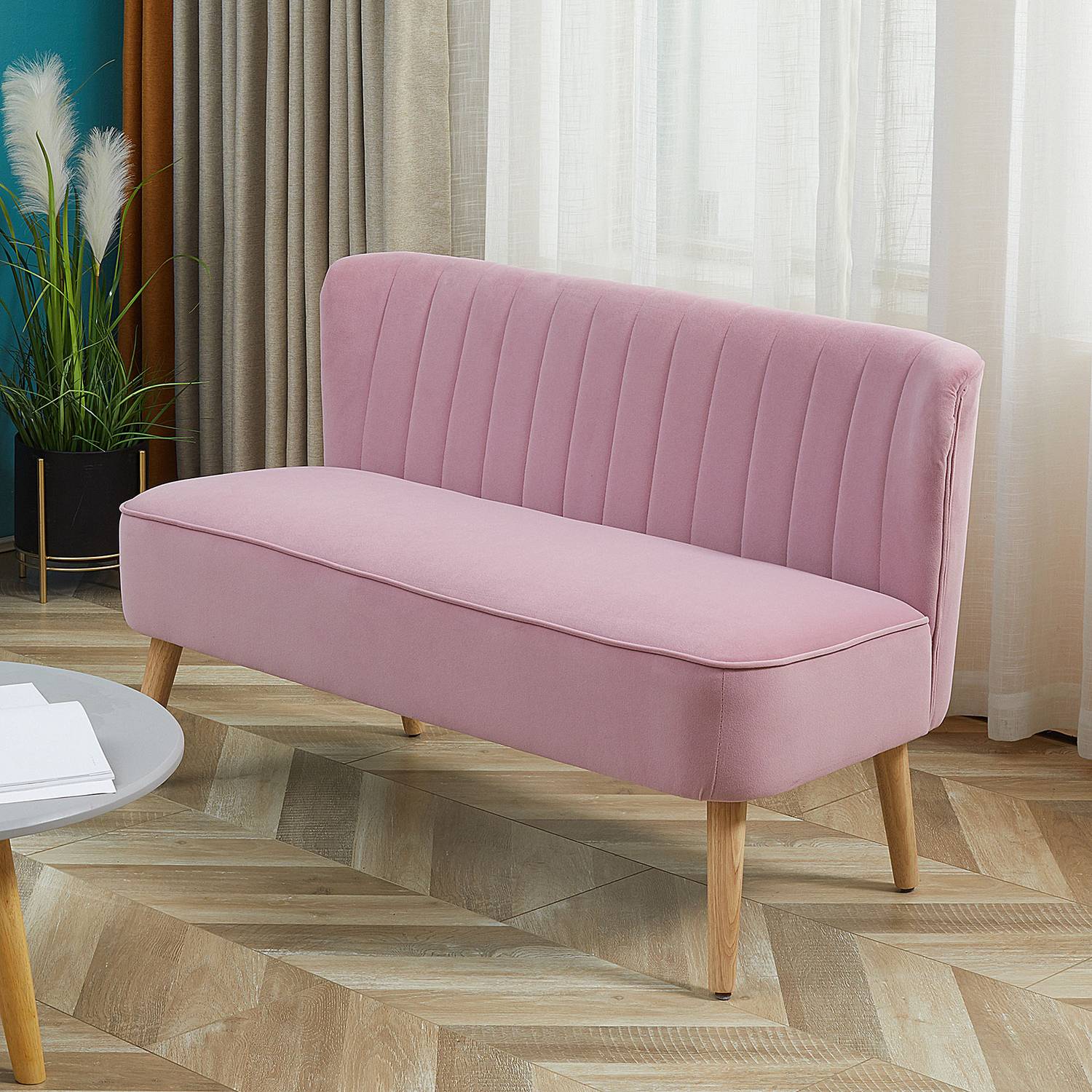 2-sits rosa stoppad soffa – sammetsliknande tyg, 117x56,5x77 cm