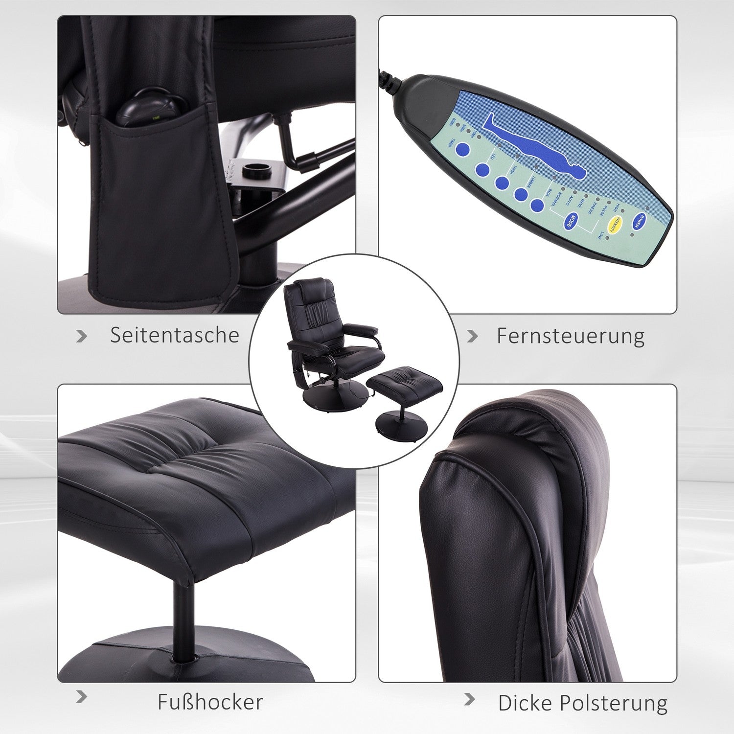 Liggande massagestol, 360° vridbar, fjärrkontroll, svart