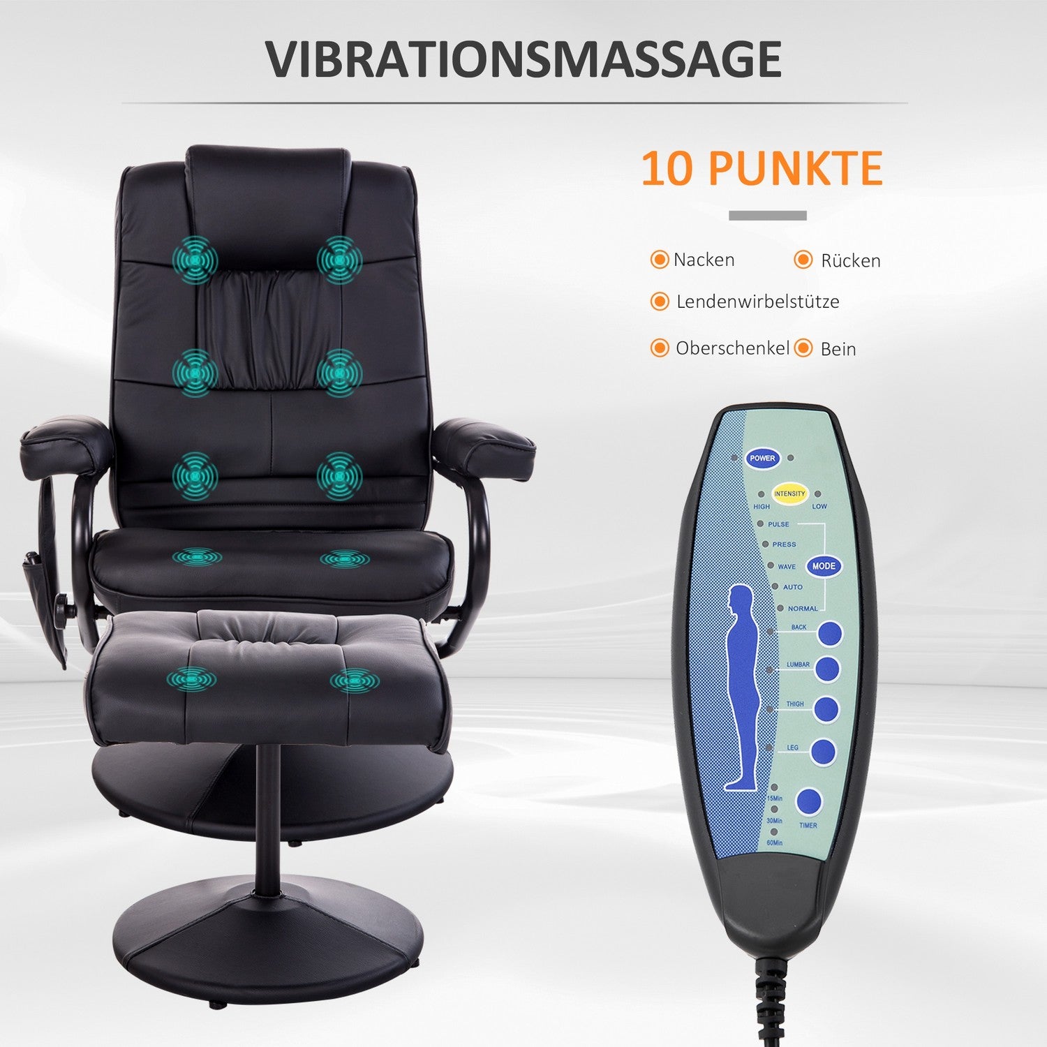 Liggande massagestol, 360° vridbar, fjärrkontroll, svart