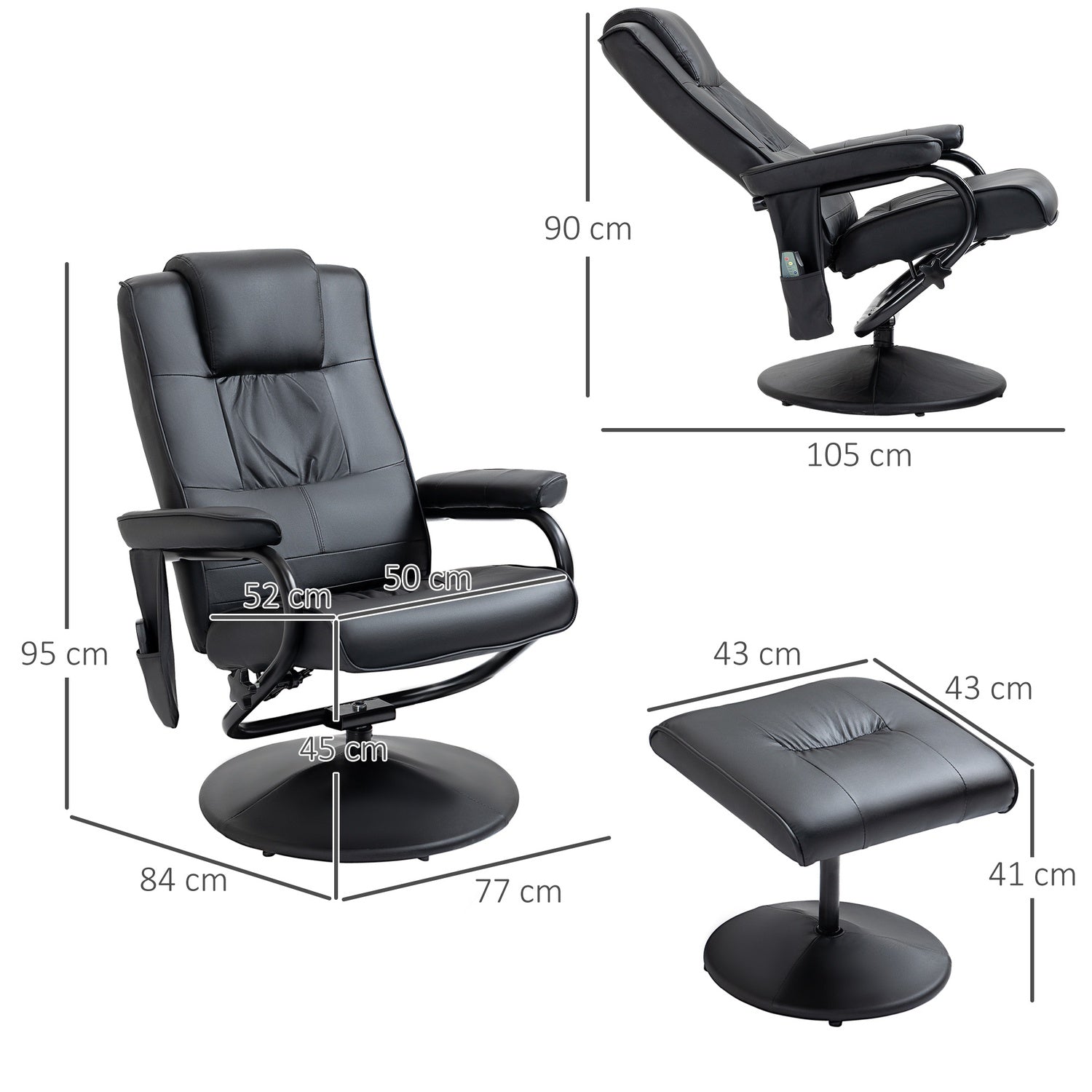 Liggande massagestol, 360° vridbar, fjärrkontroll, svart