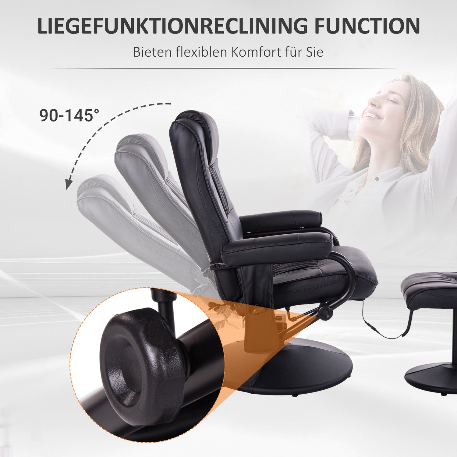 Liggande massagestol, 360° vridbar, fjärrkontroll, svart