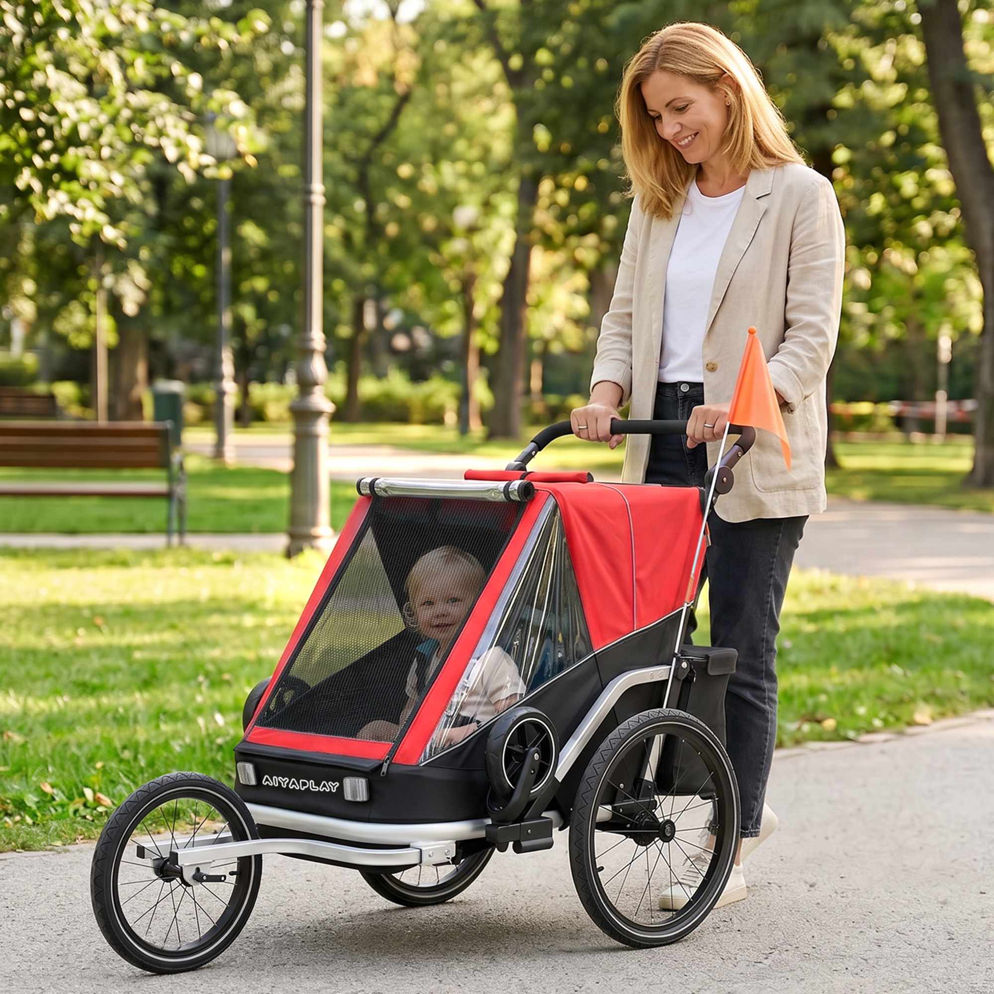 2-i-1 cykelvagn för barn, 2-sits, röd