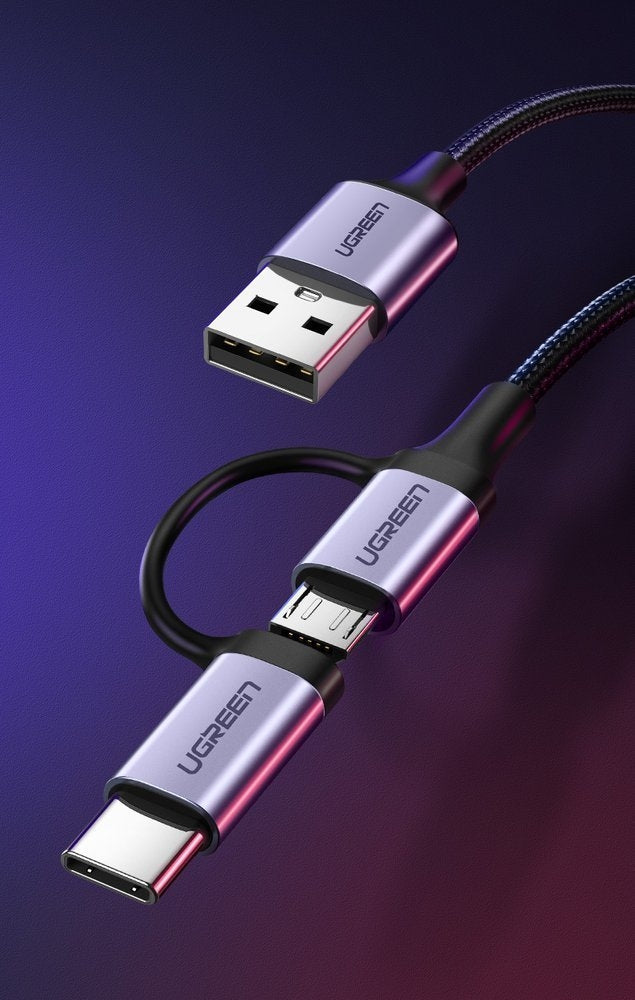 2-i-1 stark flätad kabel USB - microUSB + USB-C 1m 2,4A svart