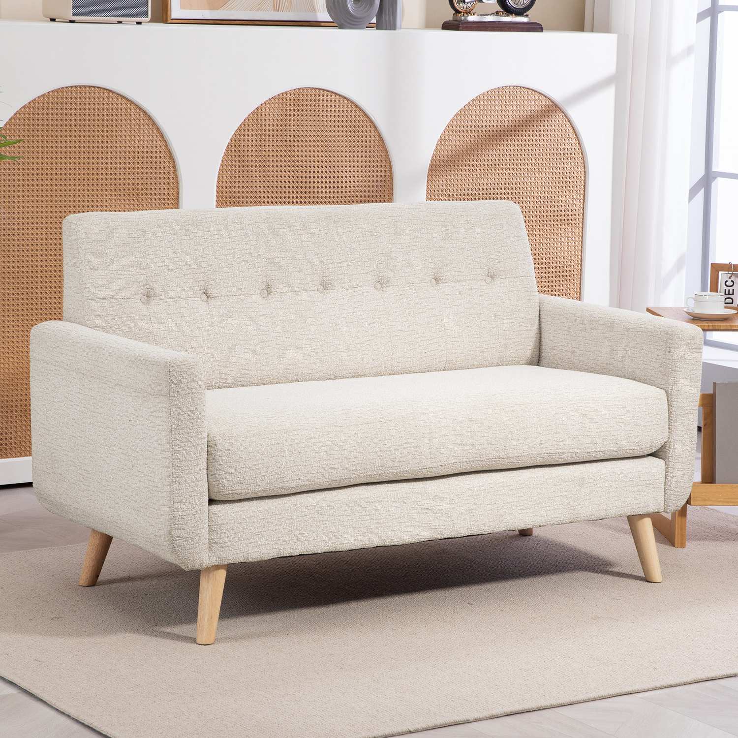 2-sits sammetssoffa, beige – bekväma kuddar och träben