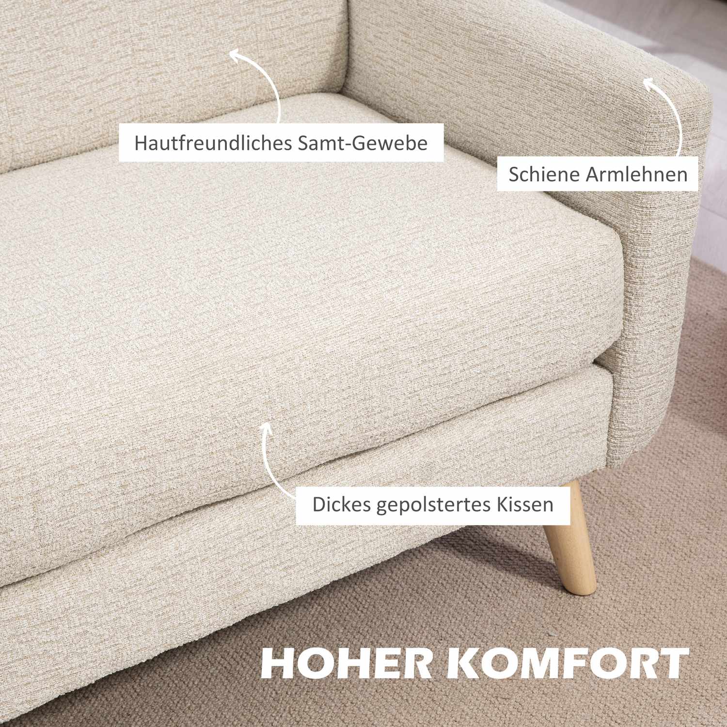 2-sits sammetssoffa, beige – bekväma kuddar och träben