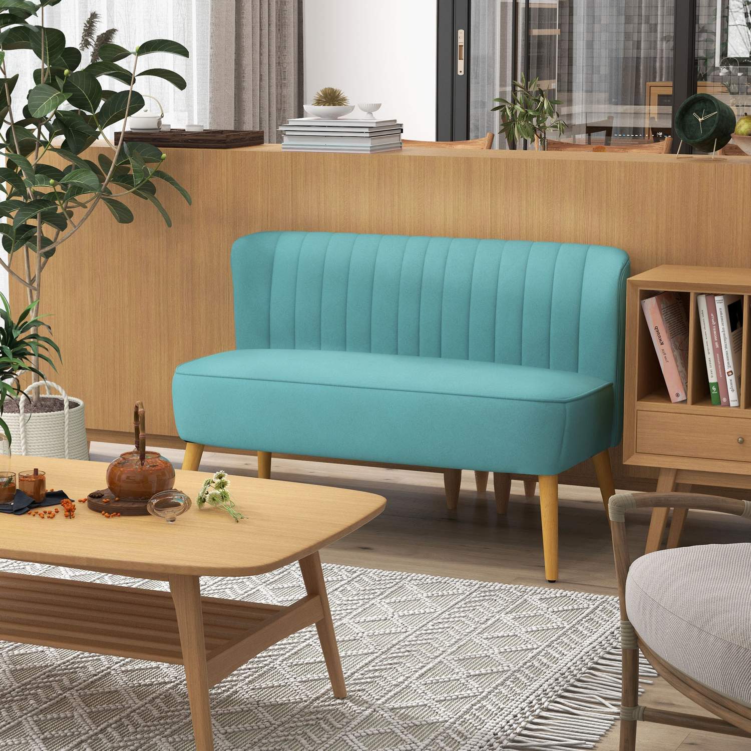 Grön Linne-Look Loveseat soffa, 2-sits med träben