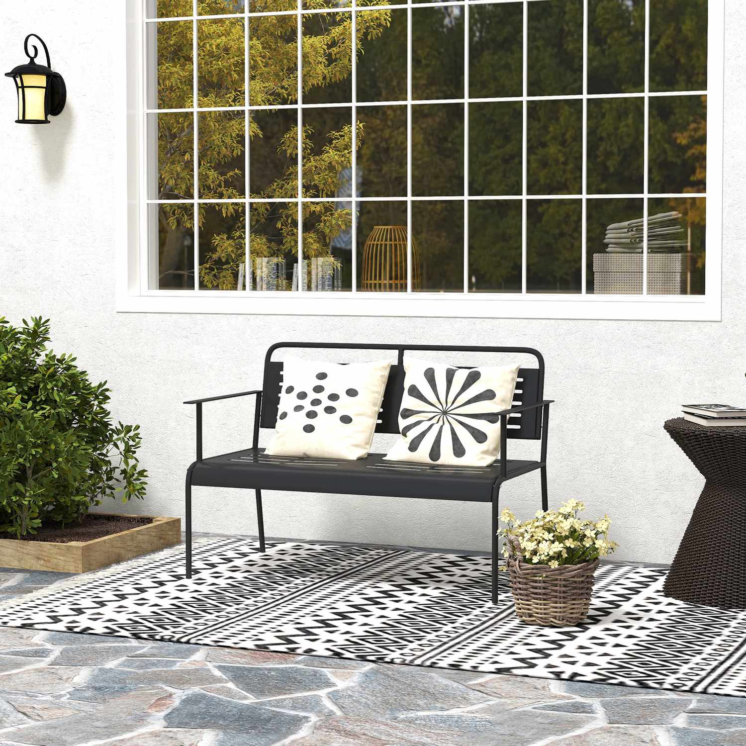 2-sits svart trädgårdsbänk, vattenavvisande, 240 kg kapacitet