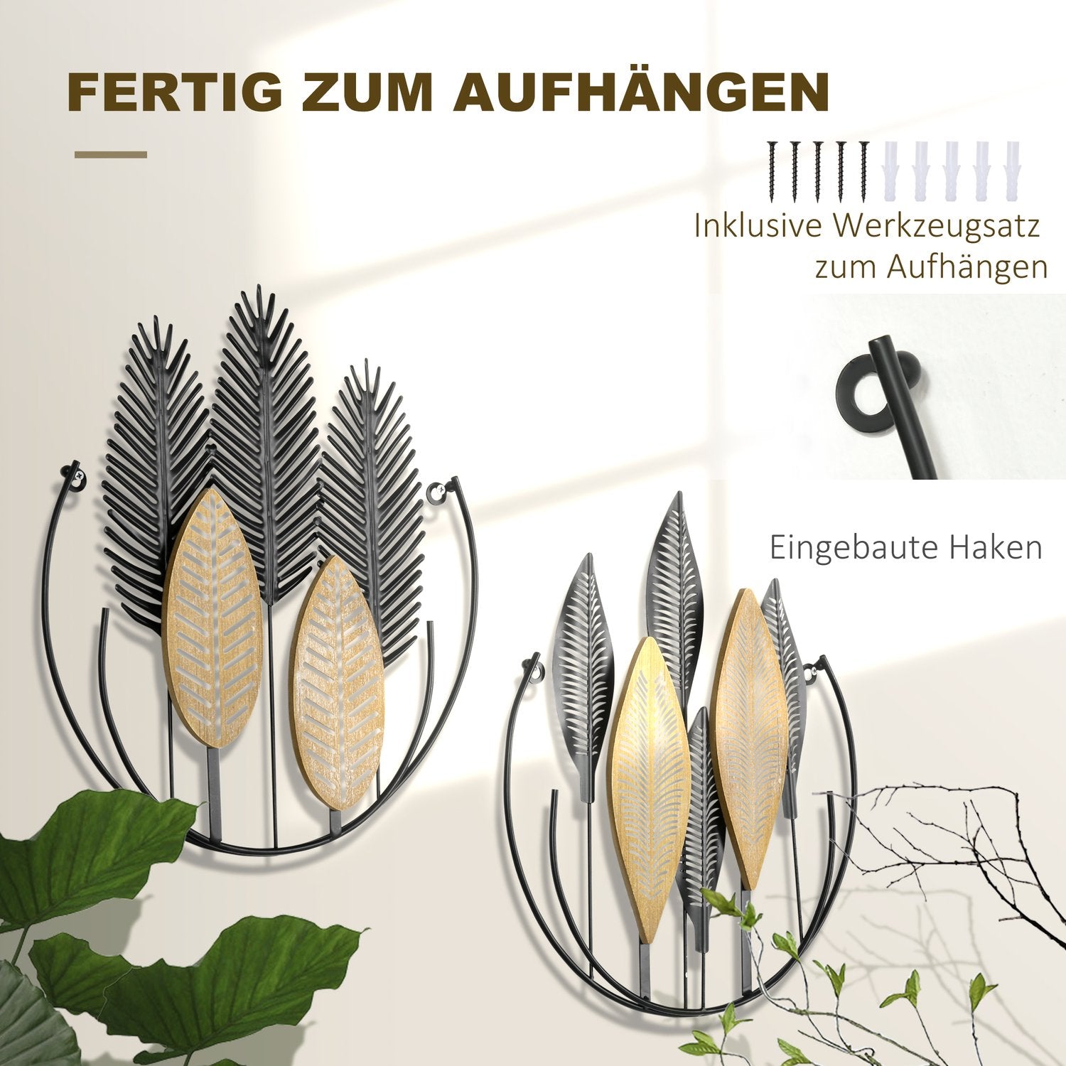 3D Metal Wall Art Leaf Set – Black & Natural, 40x46 Cm