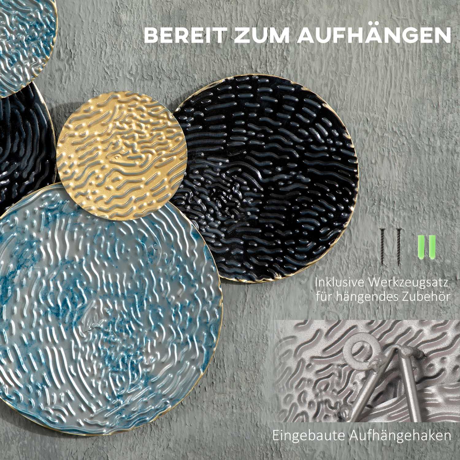 3D metallväggkonst - modern skulptur, guld/svart/blå, 121x53 cm