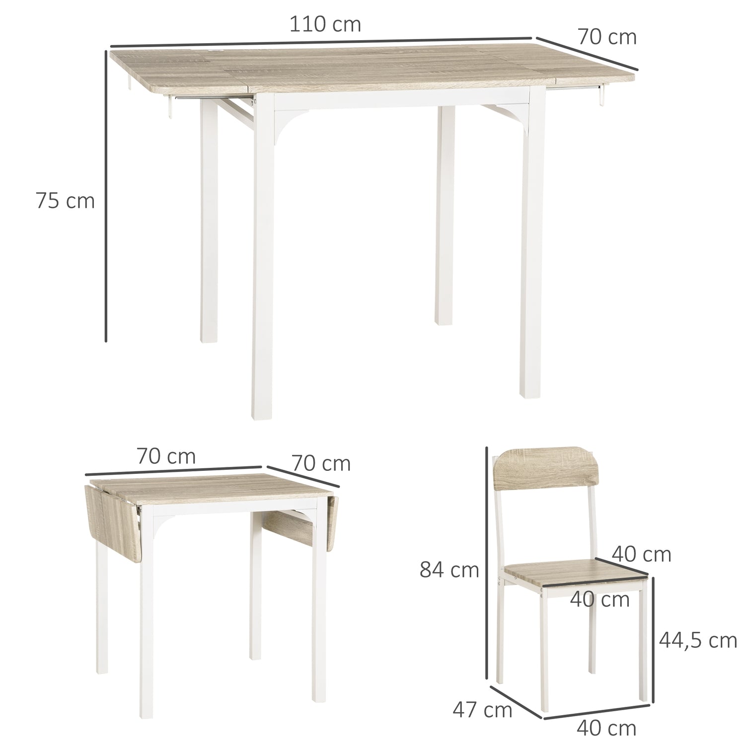 3-delat matsalsset med hopfällbart bord och stolar, stål MDF