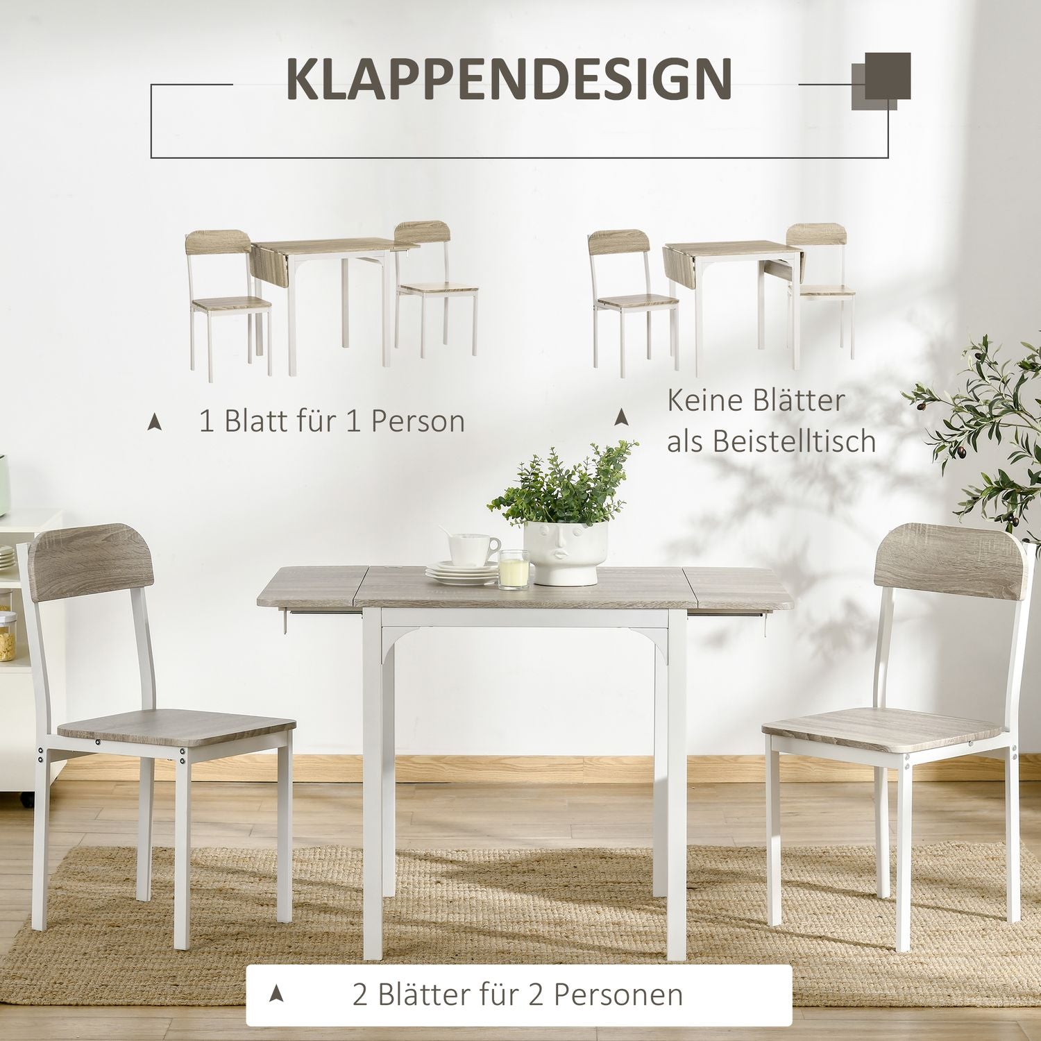 3-delat matsalsset med hopfällbart bord och stolar, stål MDF
