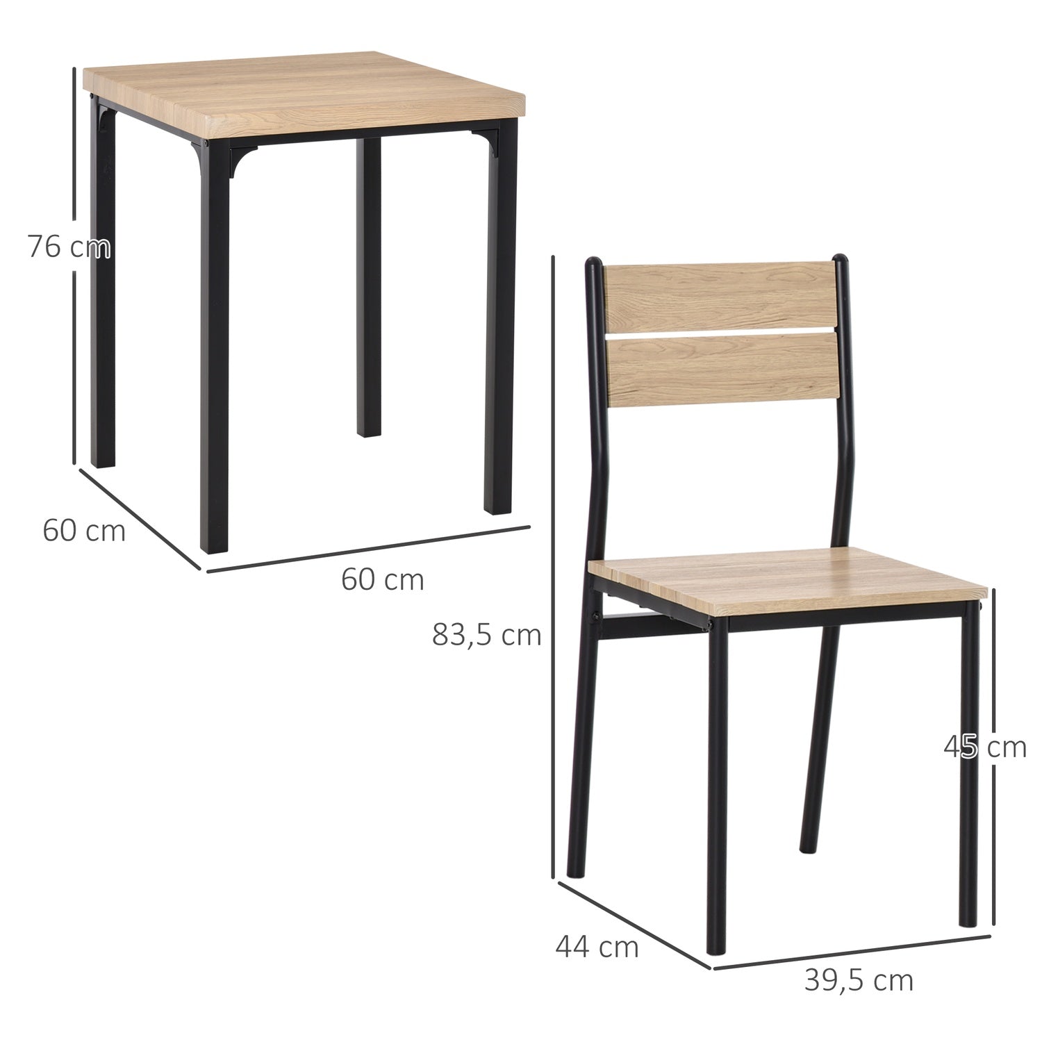 3-delad matsalsset, MDF-bord och metallstolar, träfinish