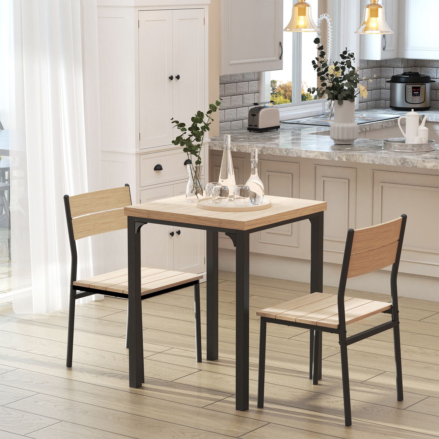 3-delad matsalsset, MDF-bord och metallstolar, träfinish