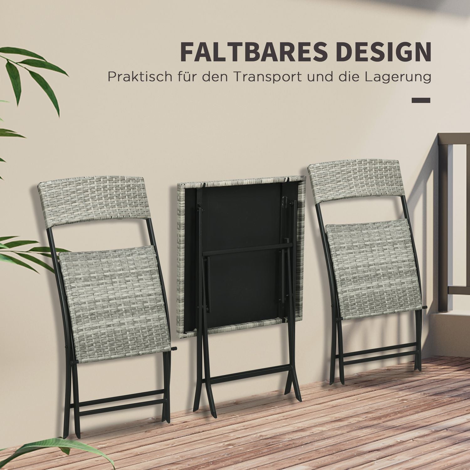 3-delad ljusgrå metall bistroset – hopfällbart bord och stolar