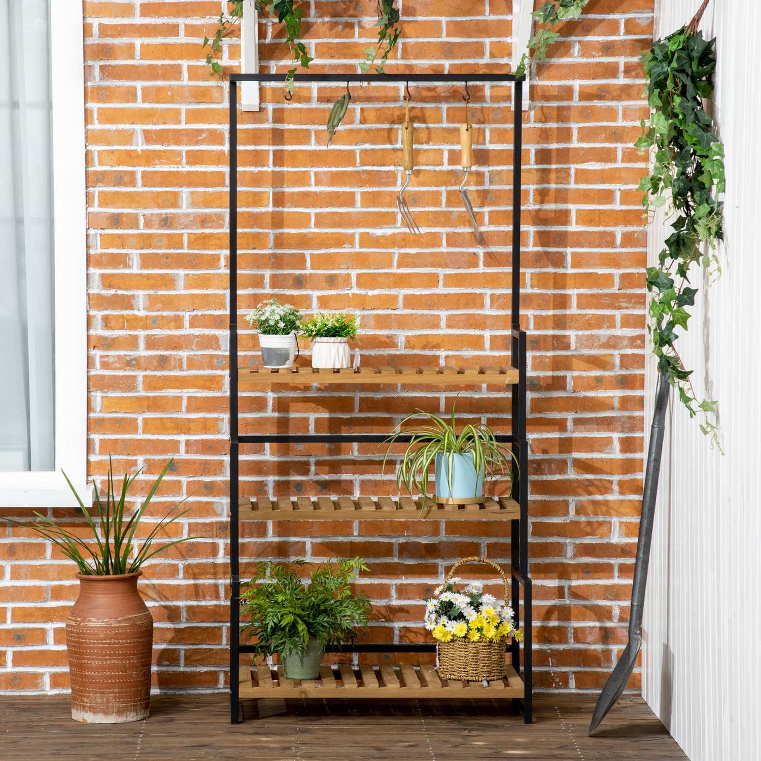 Trevånings träväxthylla med krokar – 80x36x174 cm