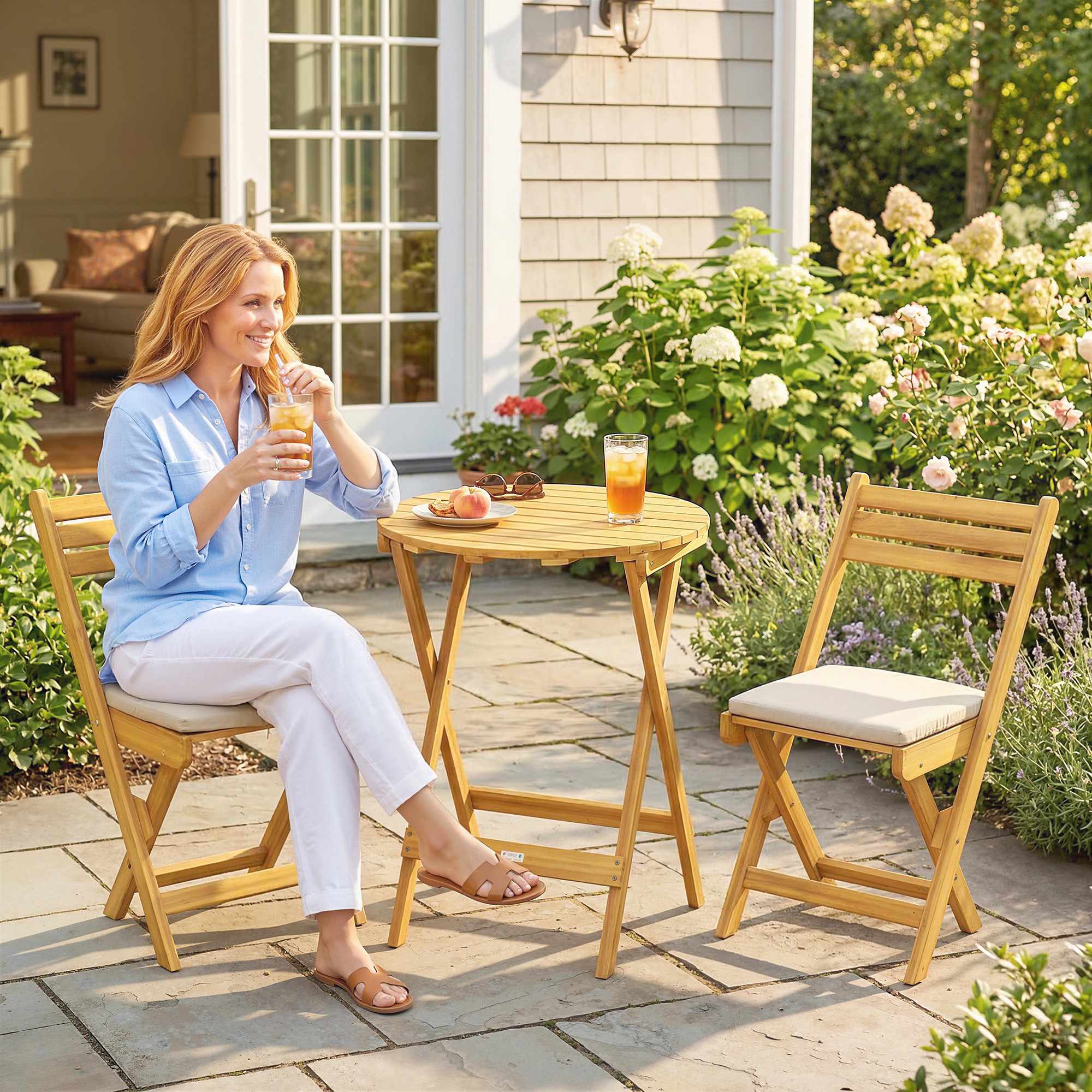 3-delat hopfällbart balkongset, akaciaträ, runt bord