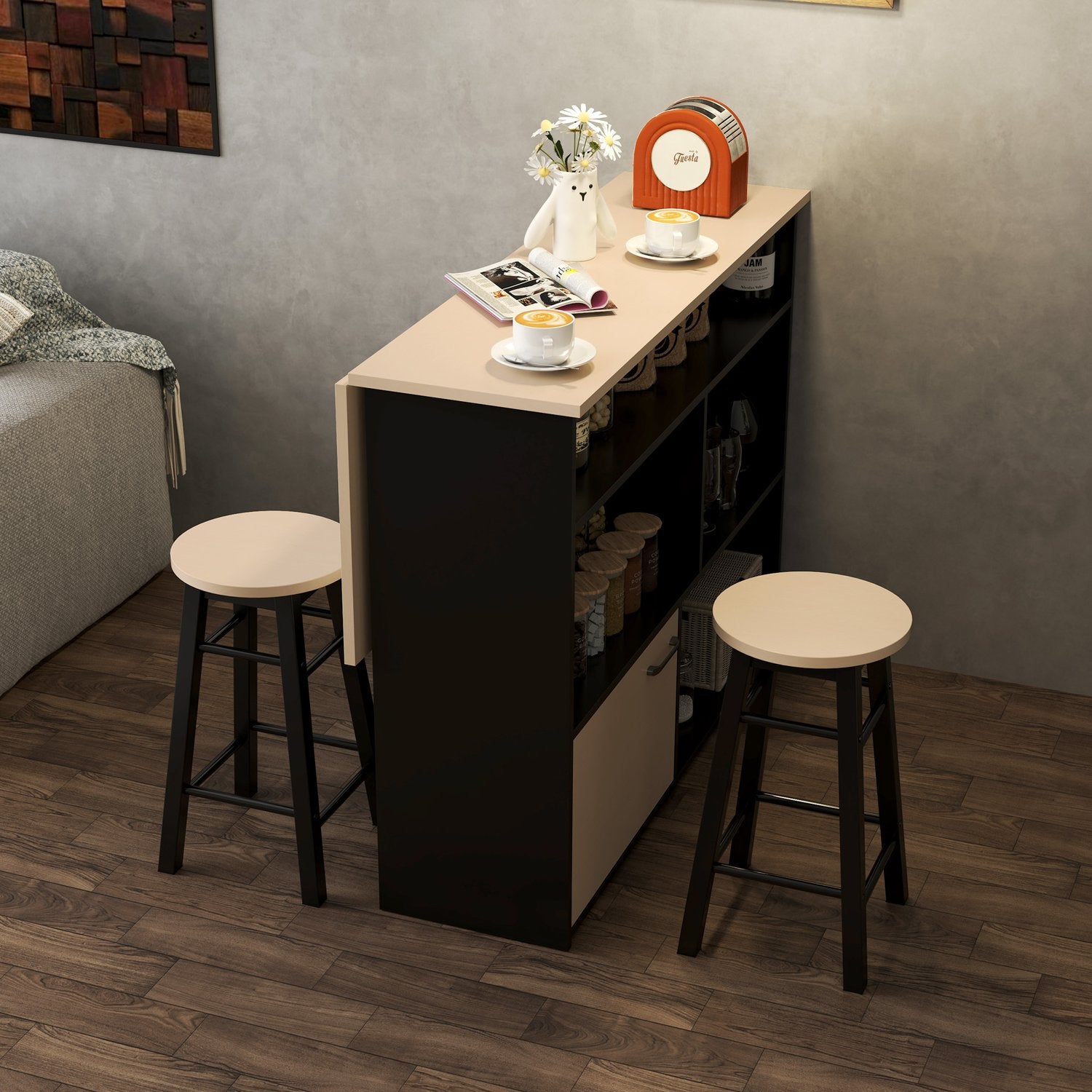 3-delat svart matsalsset, hopfällbar topp och förvaringsskåp