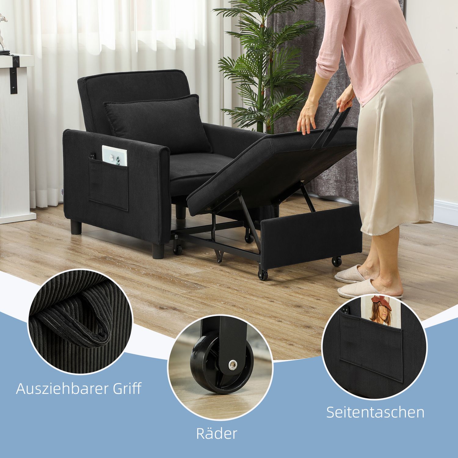 3-i-1 bäddsoffa, justerbar stol med hjul, svart manchester